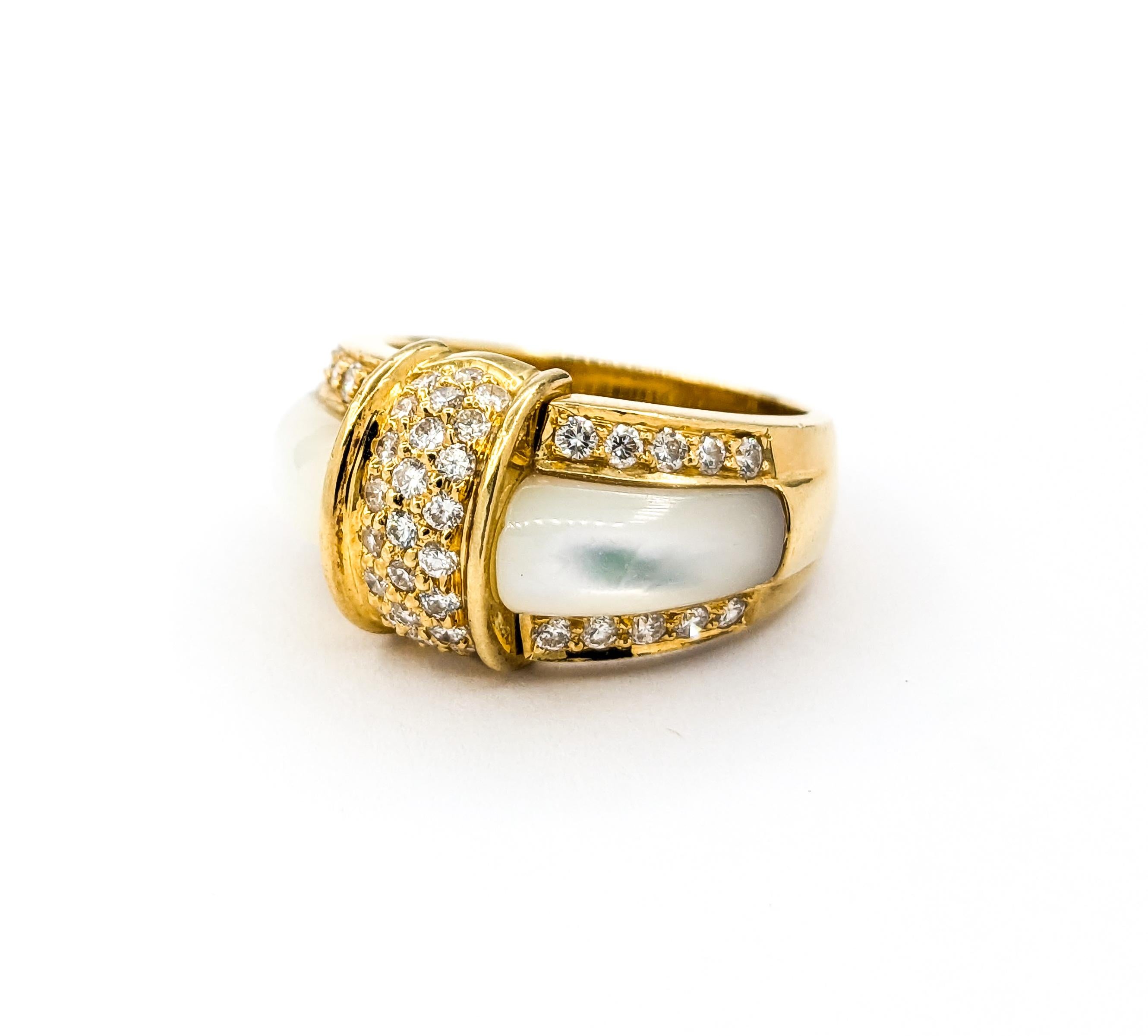 Ornate Mother-of-Pearl & Diamond Band Ring in 18k Yellow Gold 1
