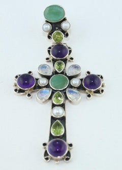 Ornate Multi-Gem Sterling Silver Large Cross Pendant
