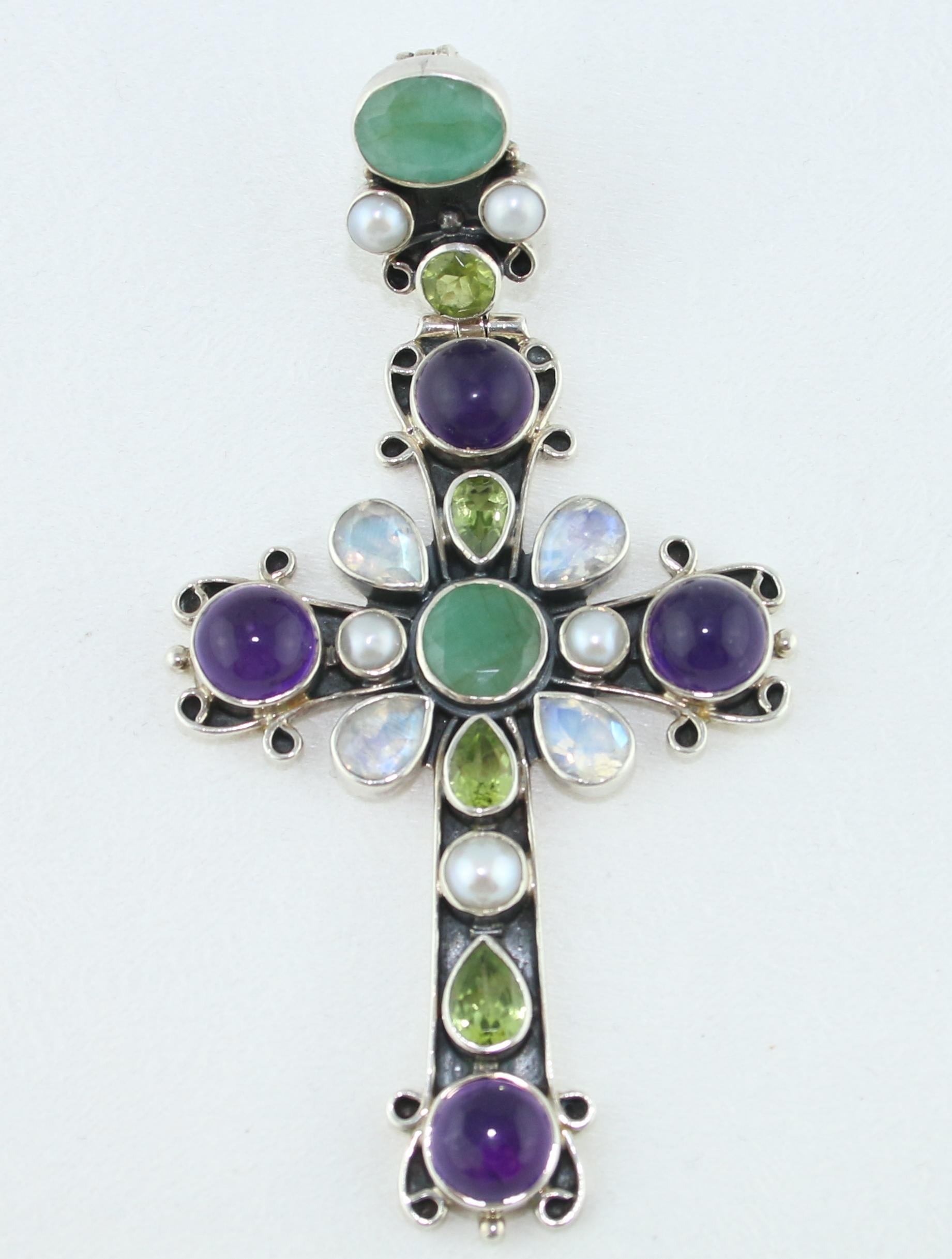 Contemporary Ornate Multi-Gem Sterling Silver Large Cross Pendant