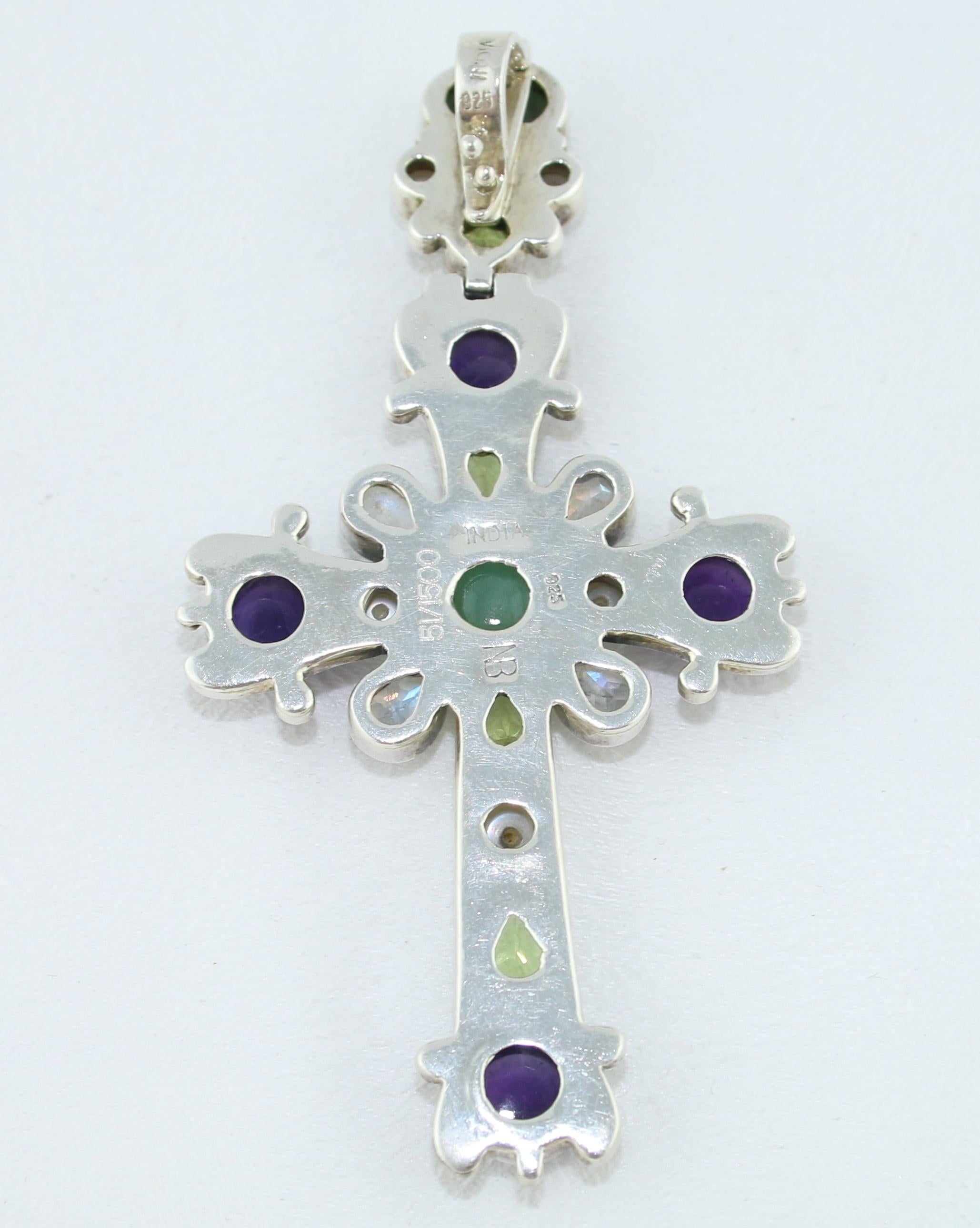 Ornate Multi-Gem Sterling Silver Large Cross Pendant In Excellent Condition In New York, NY