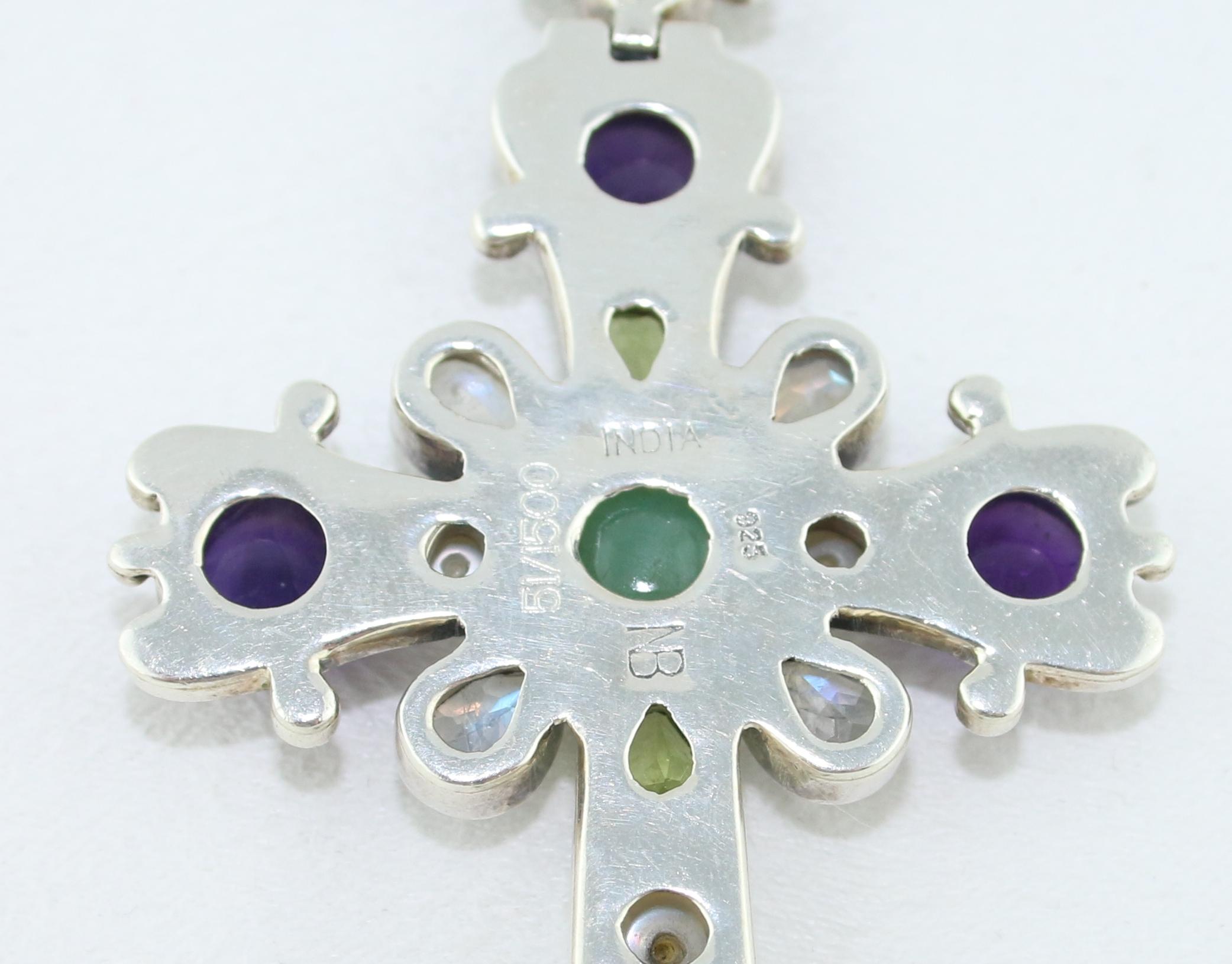 Women's Ornate Multi-Gem Sterling Silver Large Cross Pendant