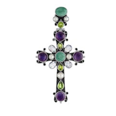 Ornate Multi-Gem Sterling Silver Large Cross Pendant