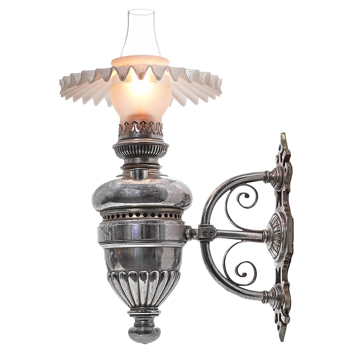 Ornate Nickel Plated Belgian Lamp Co. Sconce 1884 For Sale