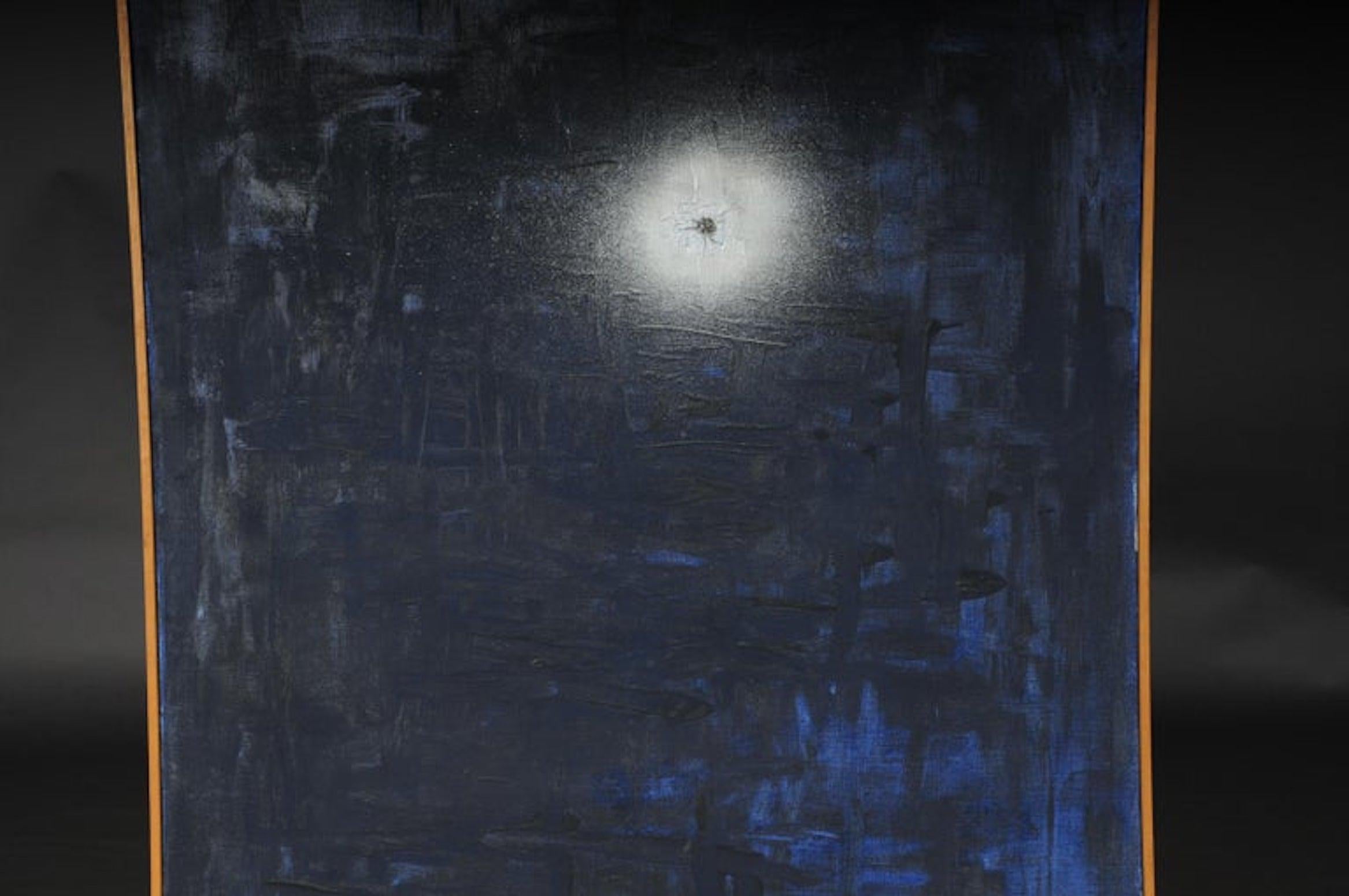 Ornate oil painting, abstract modern unique

Oil on canvas. Abstract painting. In the white point of light a plastic spider on a dark blue background. Simple wooden frame. An absolute eye-catcher.