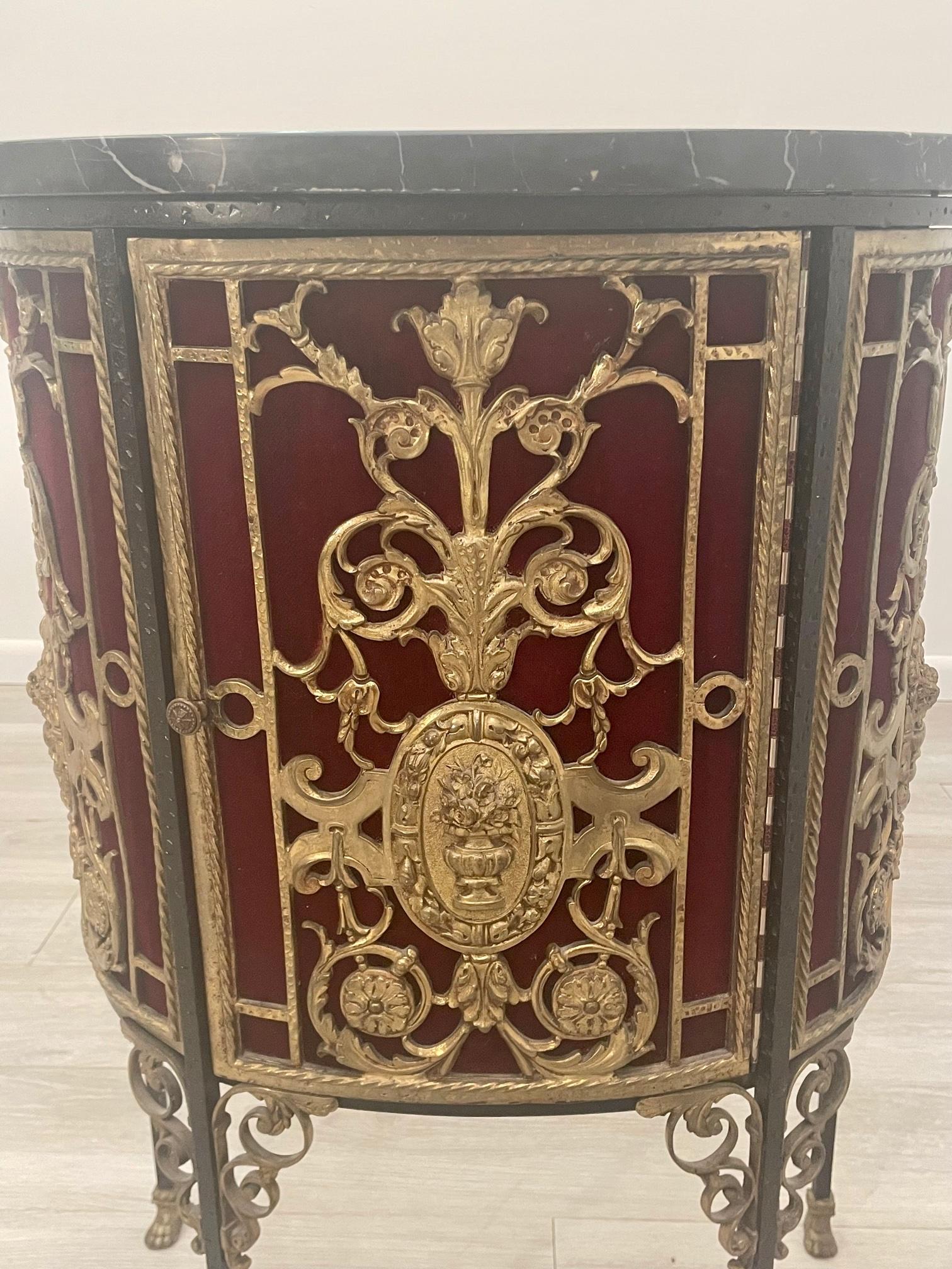 Regency Ornate Oscar Bach Bronze Decorated Single Door Cabinet with Marble Top For Sale