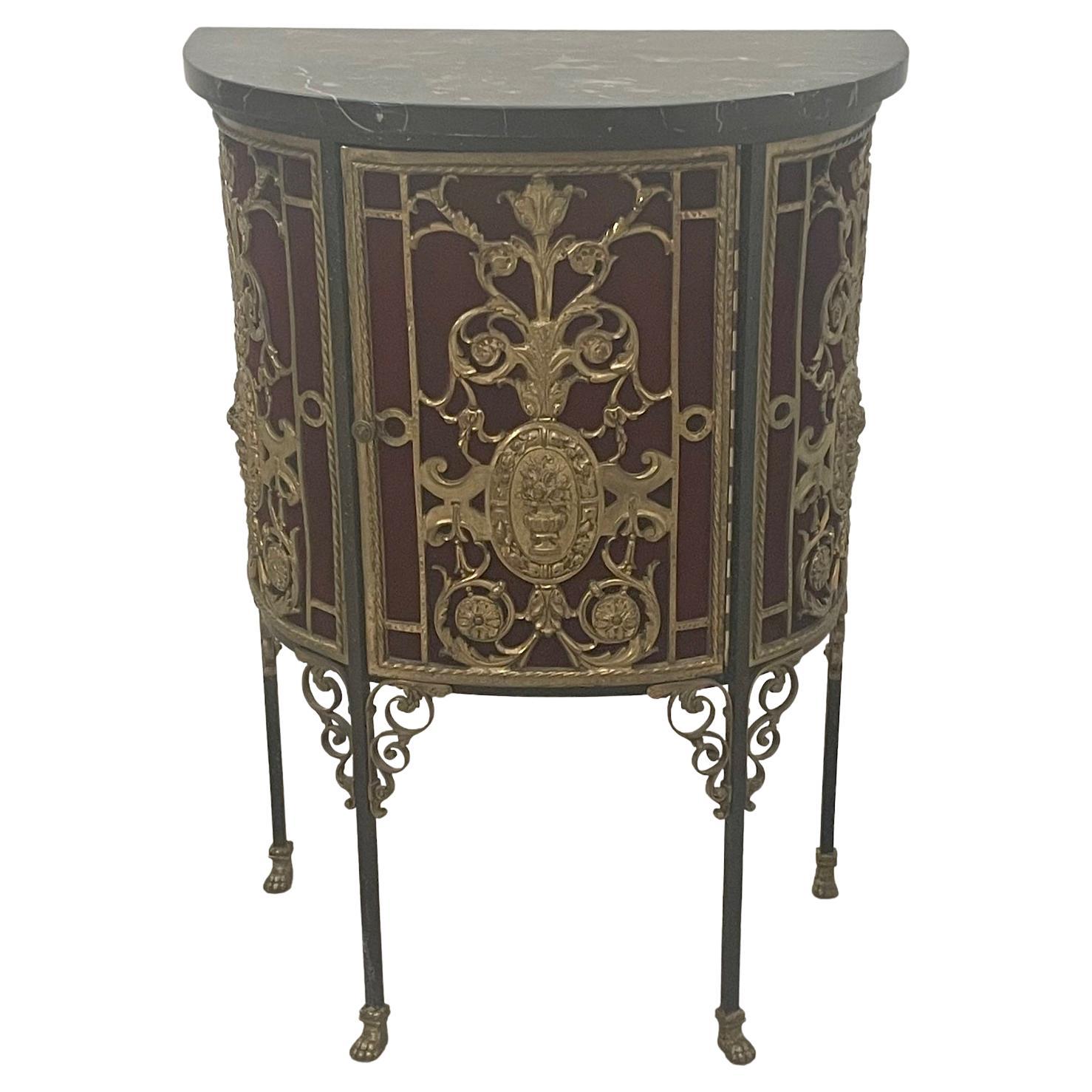 Ornate Oscar Bach Bronze Decorated Single Door Cabinet with Marble Top For Sale