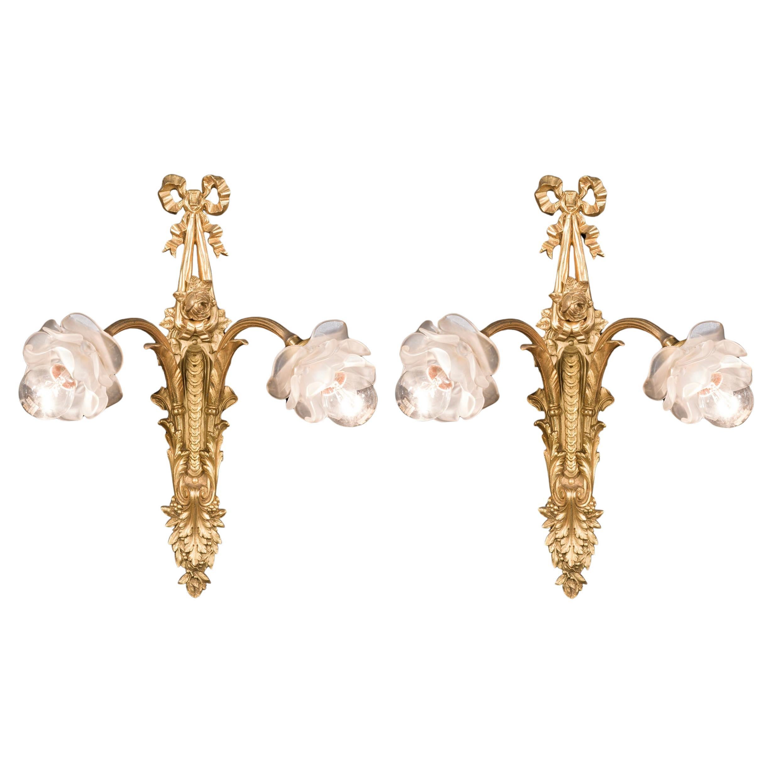 Ornate Pair of French Gilt Brass Floral Wall Lights