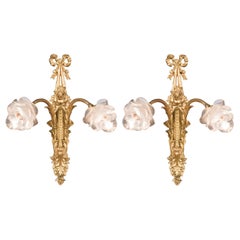 Antique Ornate Pair of French Gilt Brass Floral Wall Lights