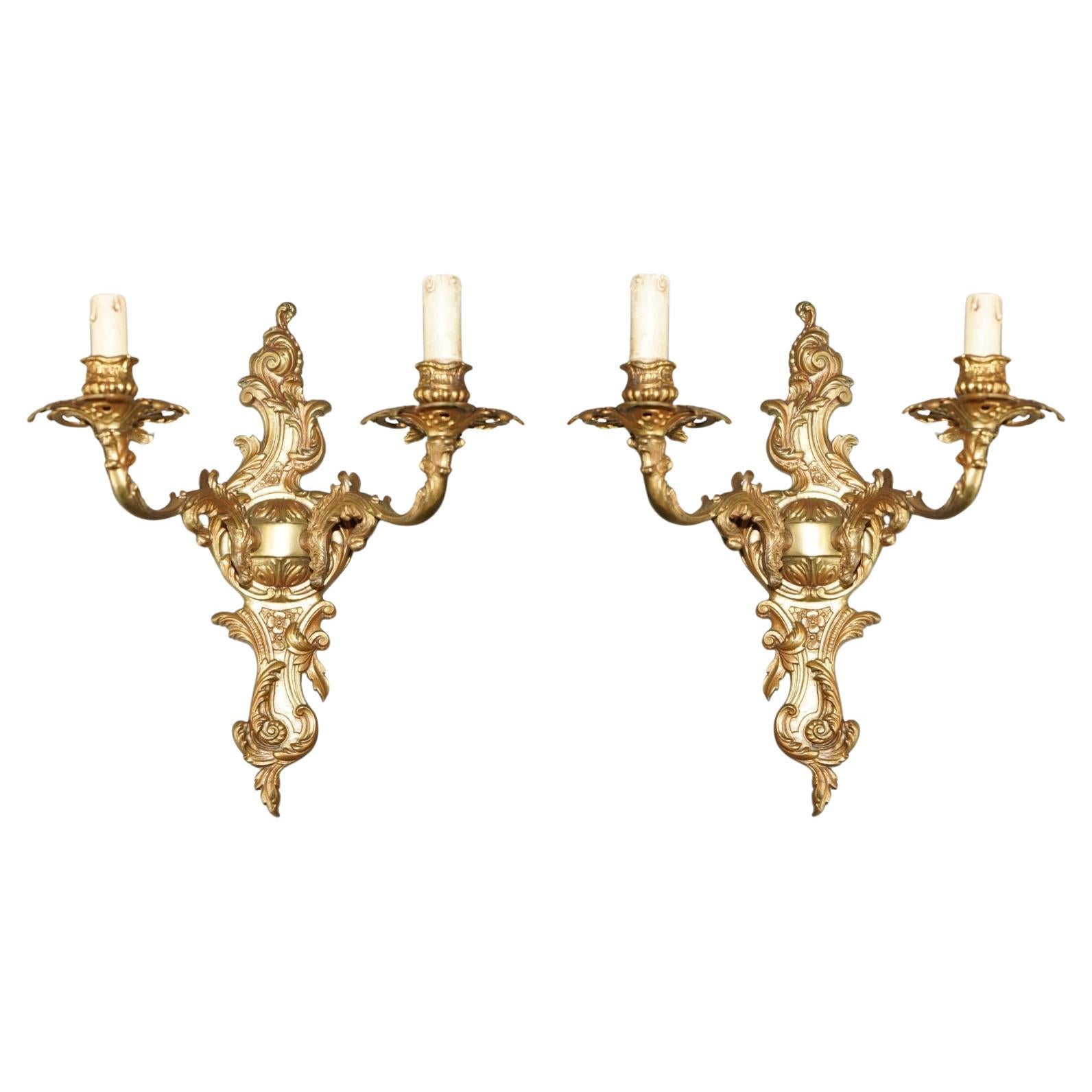 ORNATE PAIR OF STUNNiNG ANTIQUE FRENCH 1920'S BRONZED CANDLE SCONCE WALL LIGHTS