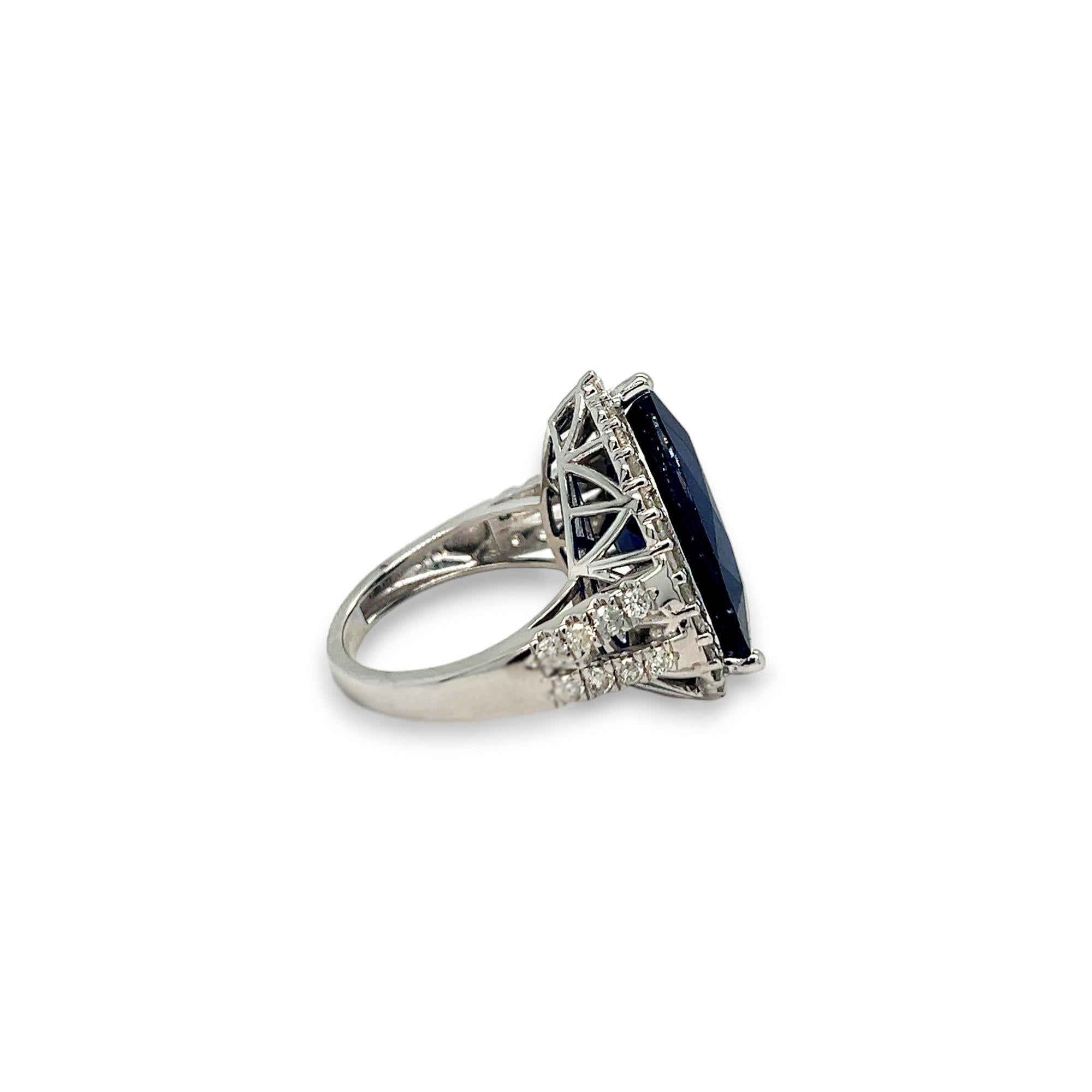 Pear Cut Ornate Pear Shaped Sapphire (20.68 ct) and Diamond Halo Ring For Sale