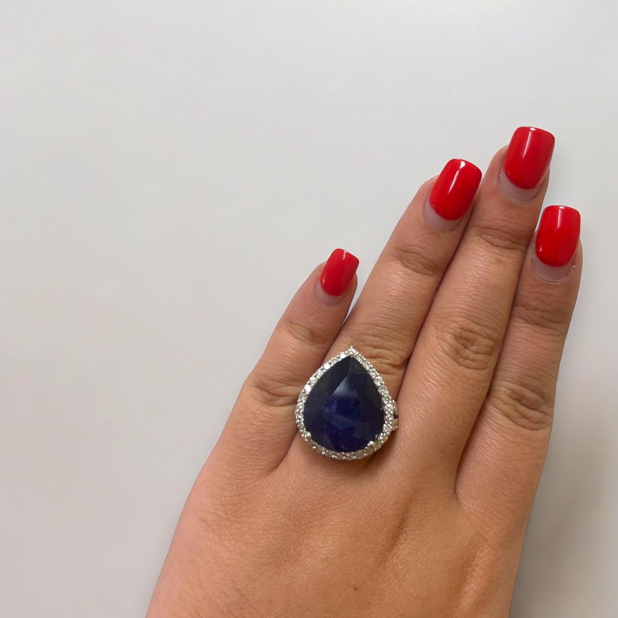 Women's or Men's Ornate Pear Shaped Sapphire (20.68 ct) and Diamond Halo Ring For Sale