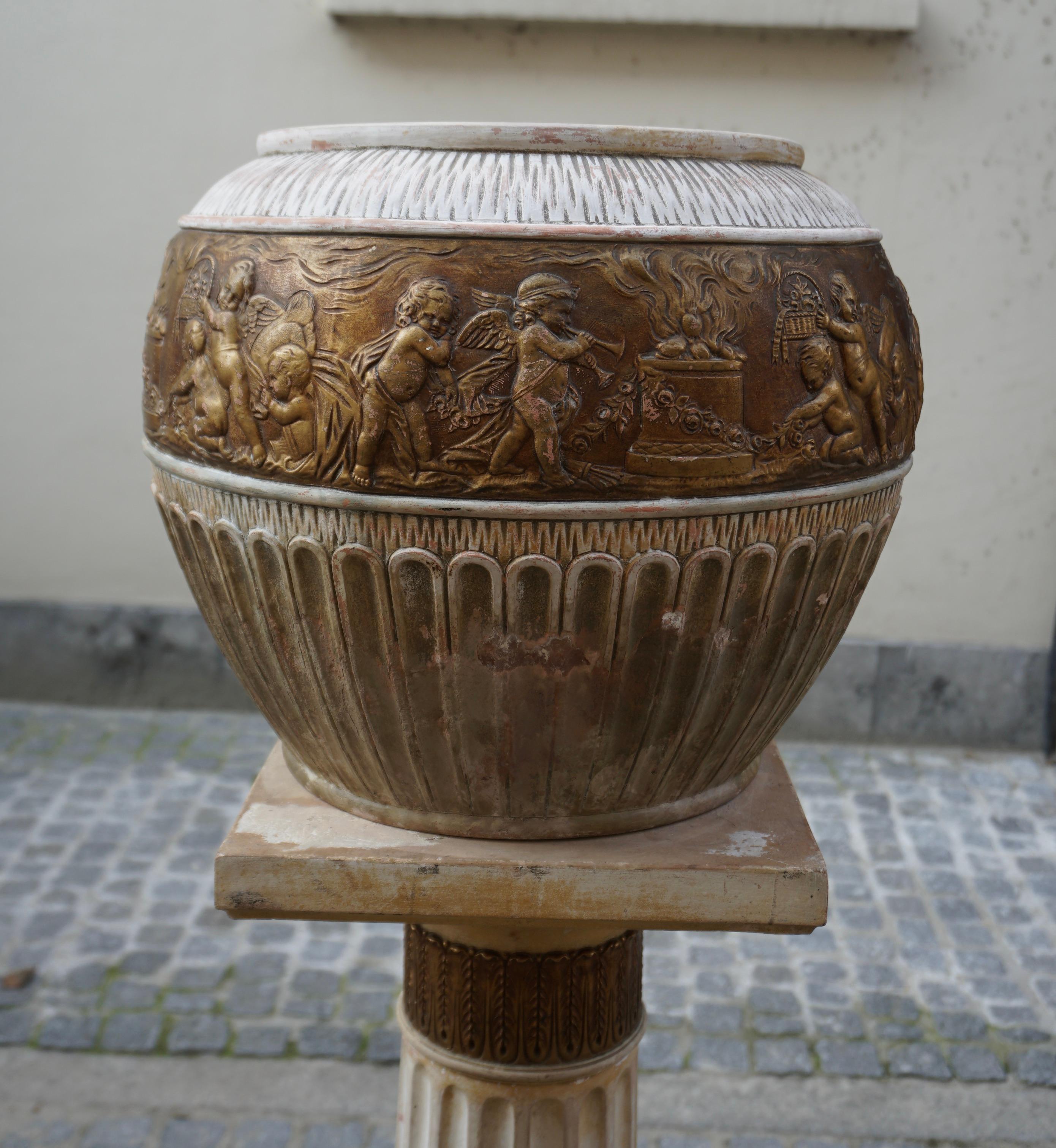 Italian  Ornate Pedestal Terracotta Cherub Planter Stand For Sale