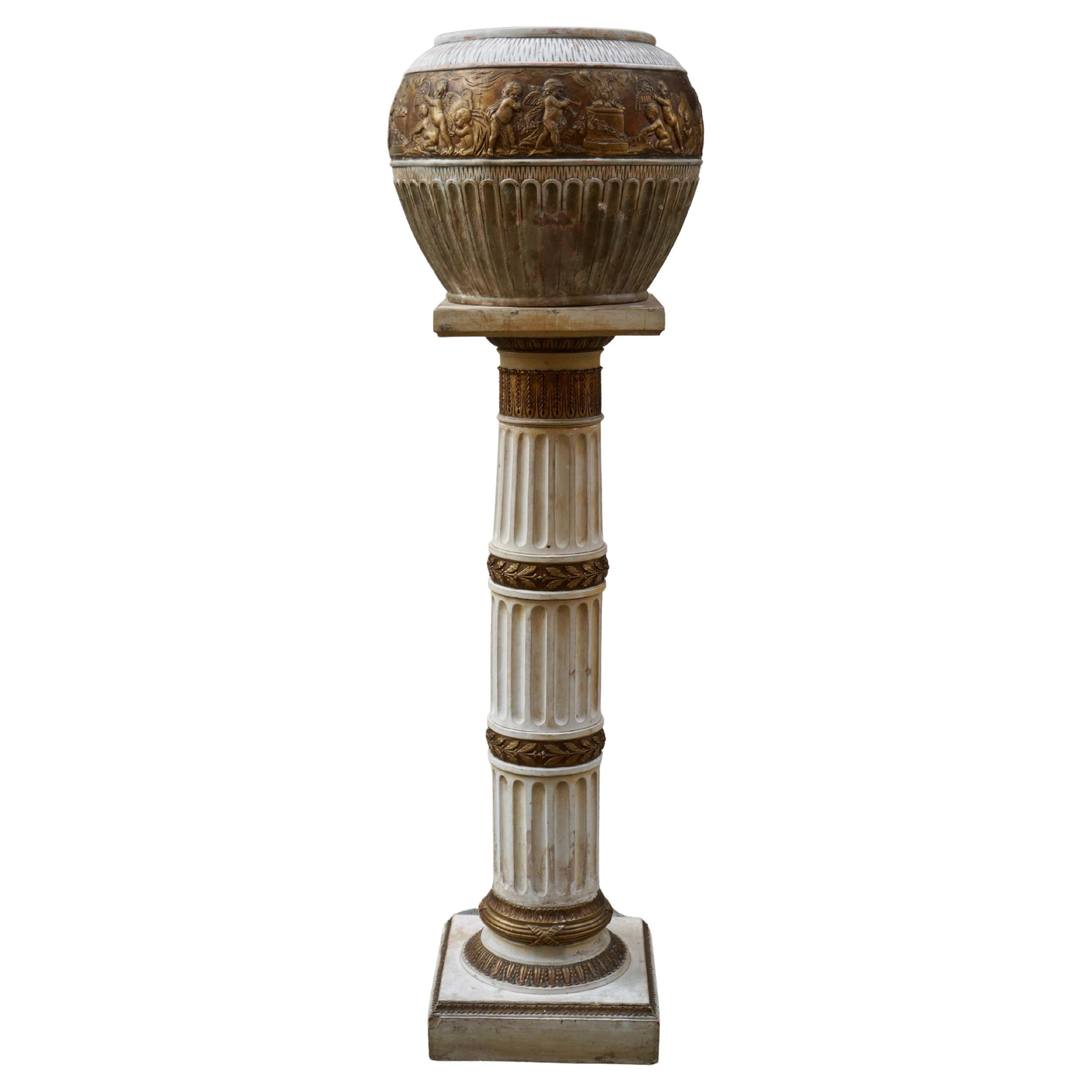  Ornate Pedestal Terracotta Cherub Planter Stand For Sale