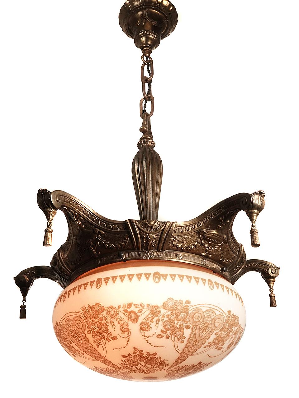 American Ornate Pendent with Full Floral Stenciled Globe For Sale