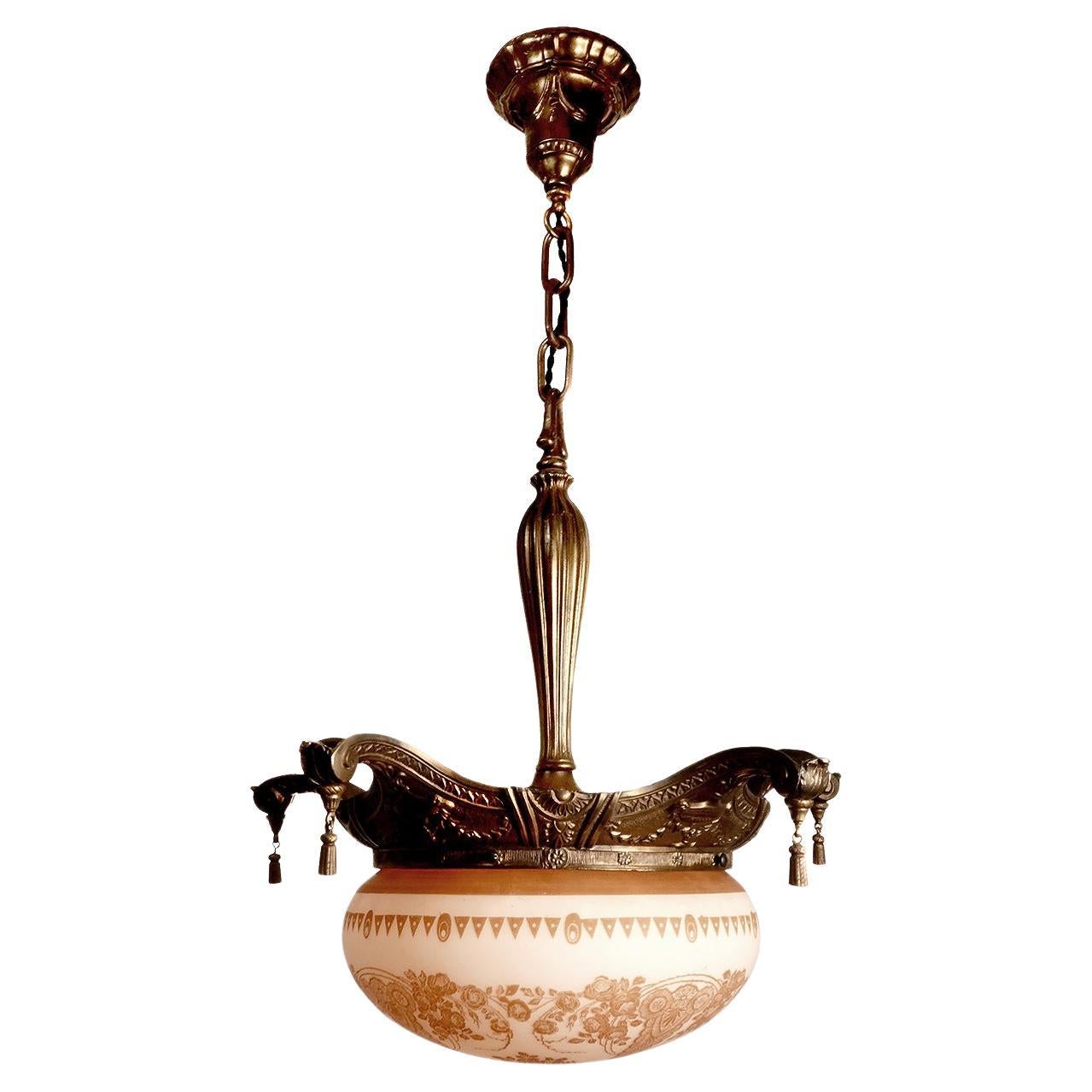 Ornate Pendent with Full Floral Stenciled Globe For Sale