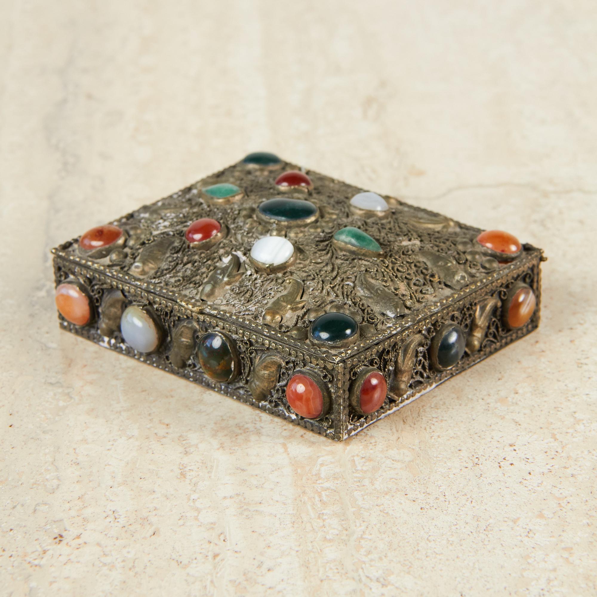 Mid-Century Modern Ornate Pewter Box with Mixed Stones