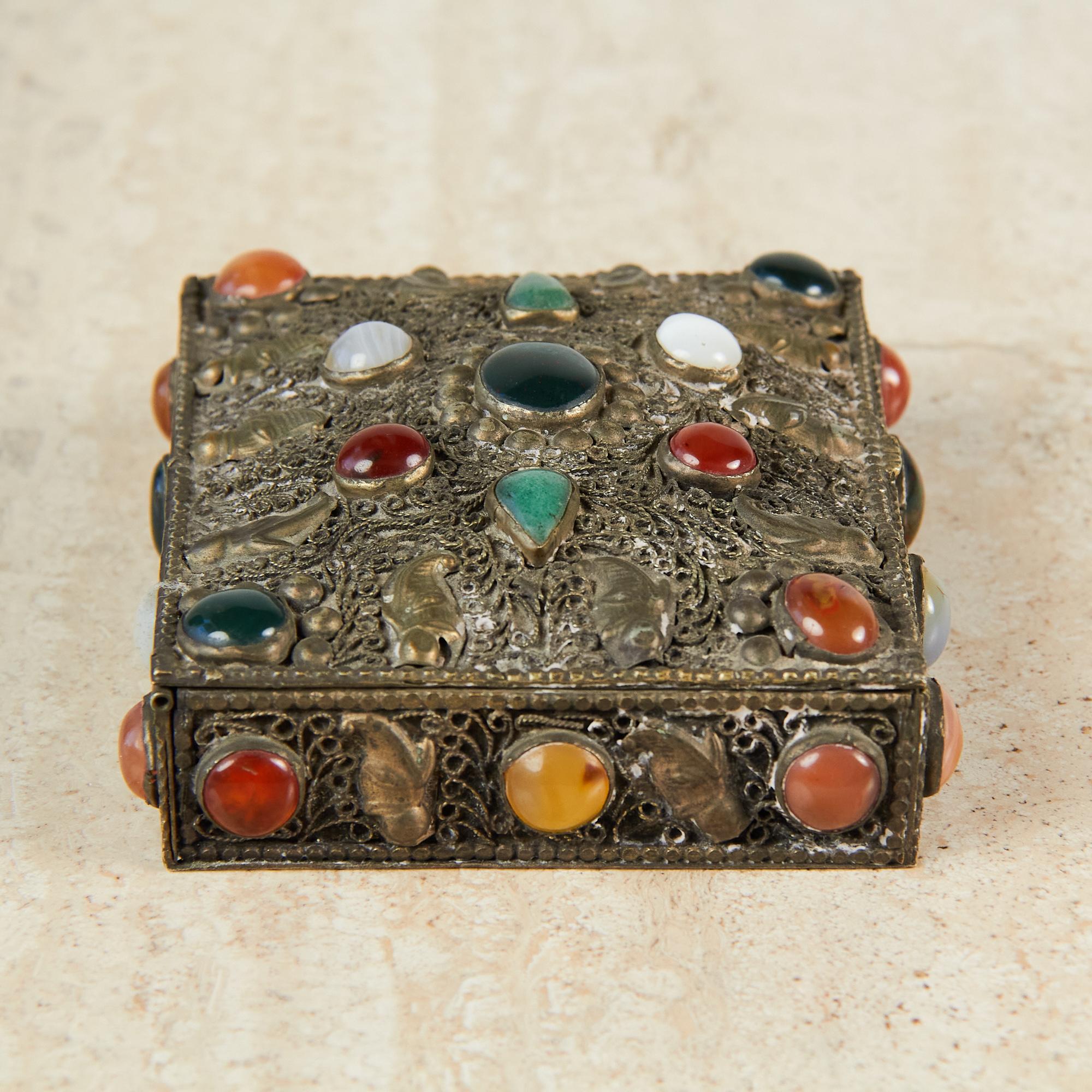 Ornate Pewter Box with Mixed Stones In Good Condition In Los Angeles, CA