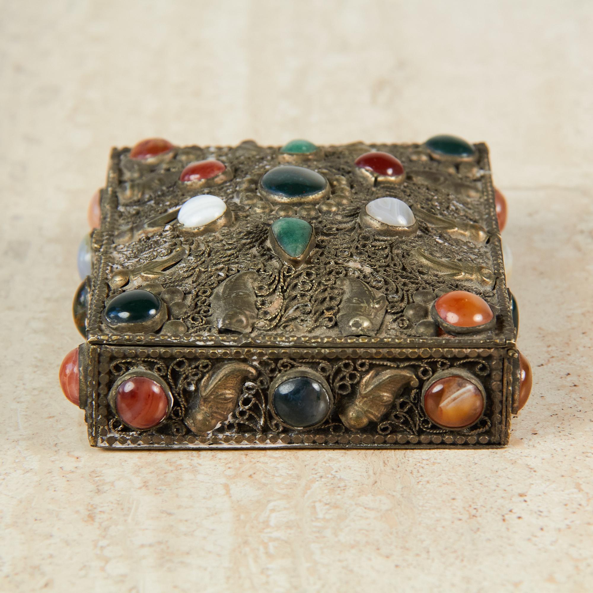 20th Century Ornate Pewter Box with Mixed Stones