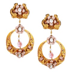Vintage Ornate Pink Rose Drop Hoop Earrings By Lunch At The Ritz, 1980s