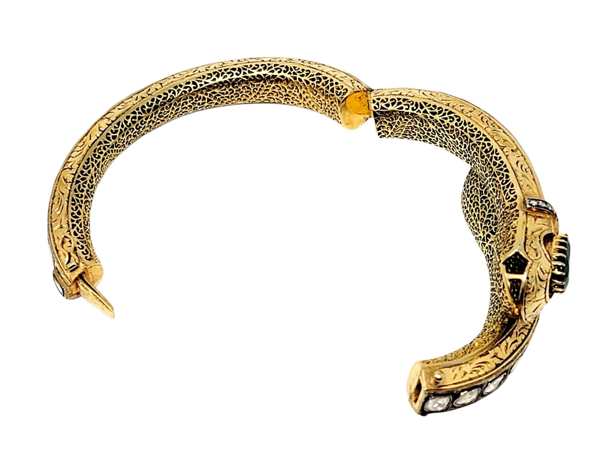 Ornate Polki Diamond Emerald Snake Motif Bypass Bangle Bracelet 14 Karat Gold 5