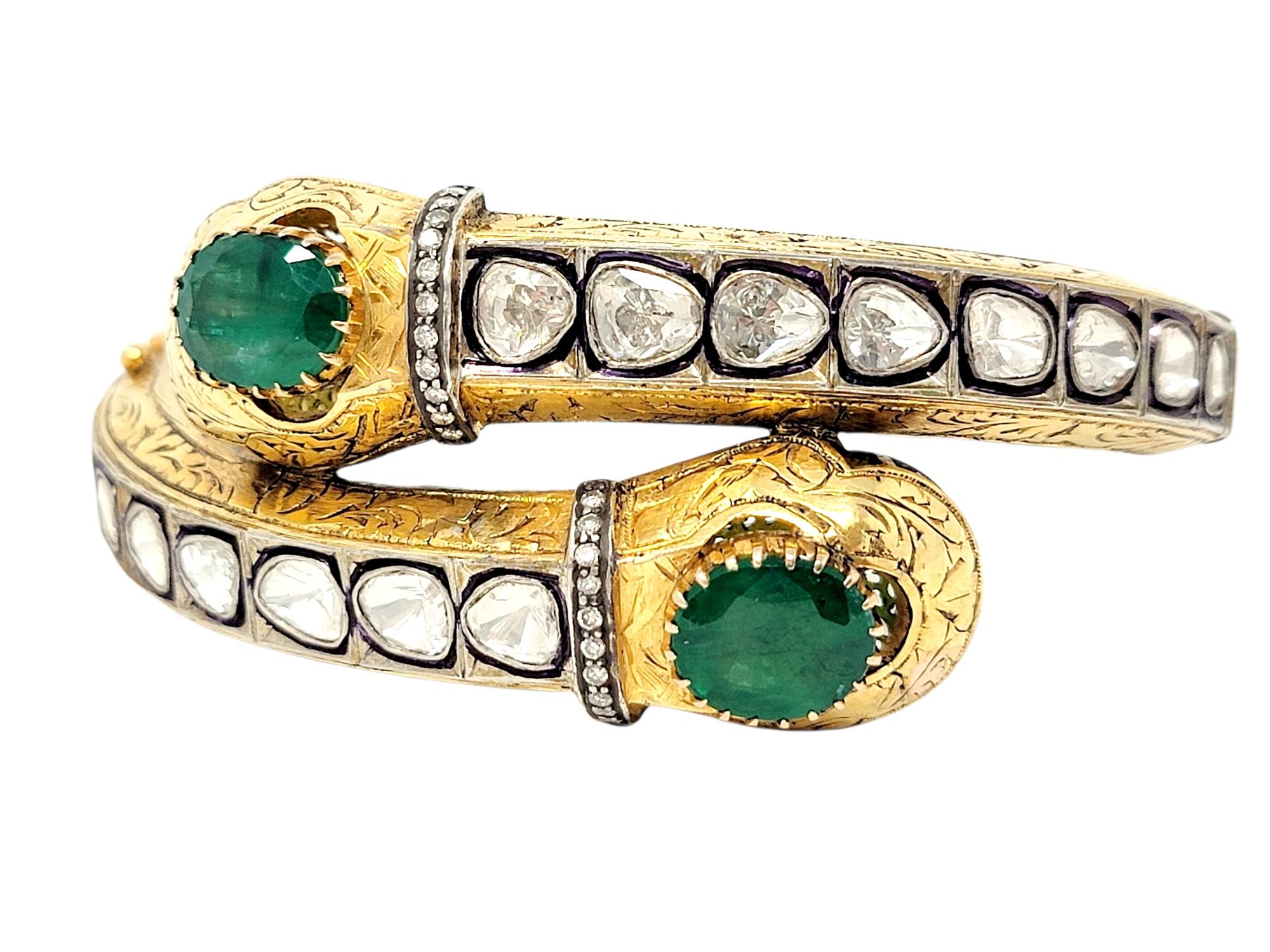Rough Cut Ornate Polki Diamond Emerald Snake Motif Bypass Bangle Bracelet 14 Karat Gold