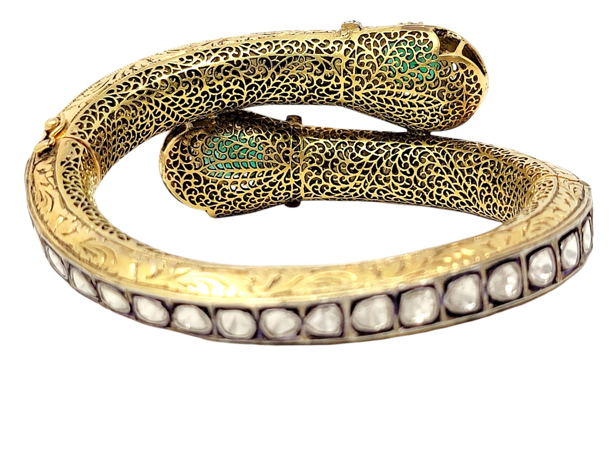 Women's Ornate Polki Diamond Emerald Snake Motif Bypass Bangle Bracelet 14 Karat Gold
