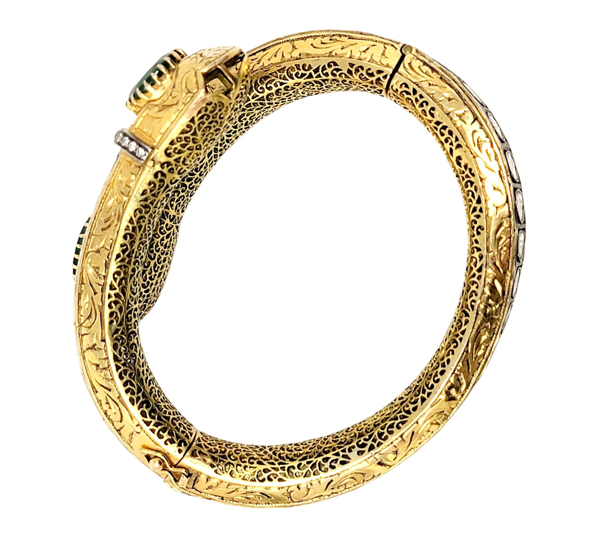 Ornate Polki Diamond Emerald Snake Motif Bypass Bangle Bracelet 14 Karat Gold 1
