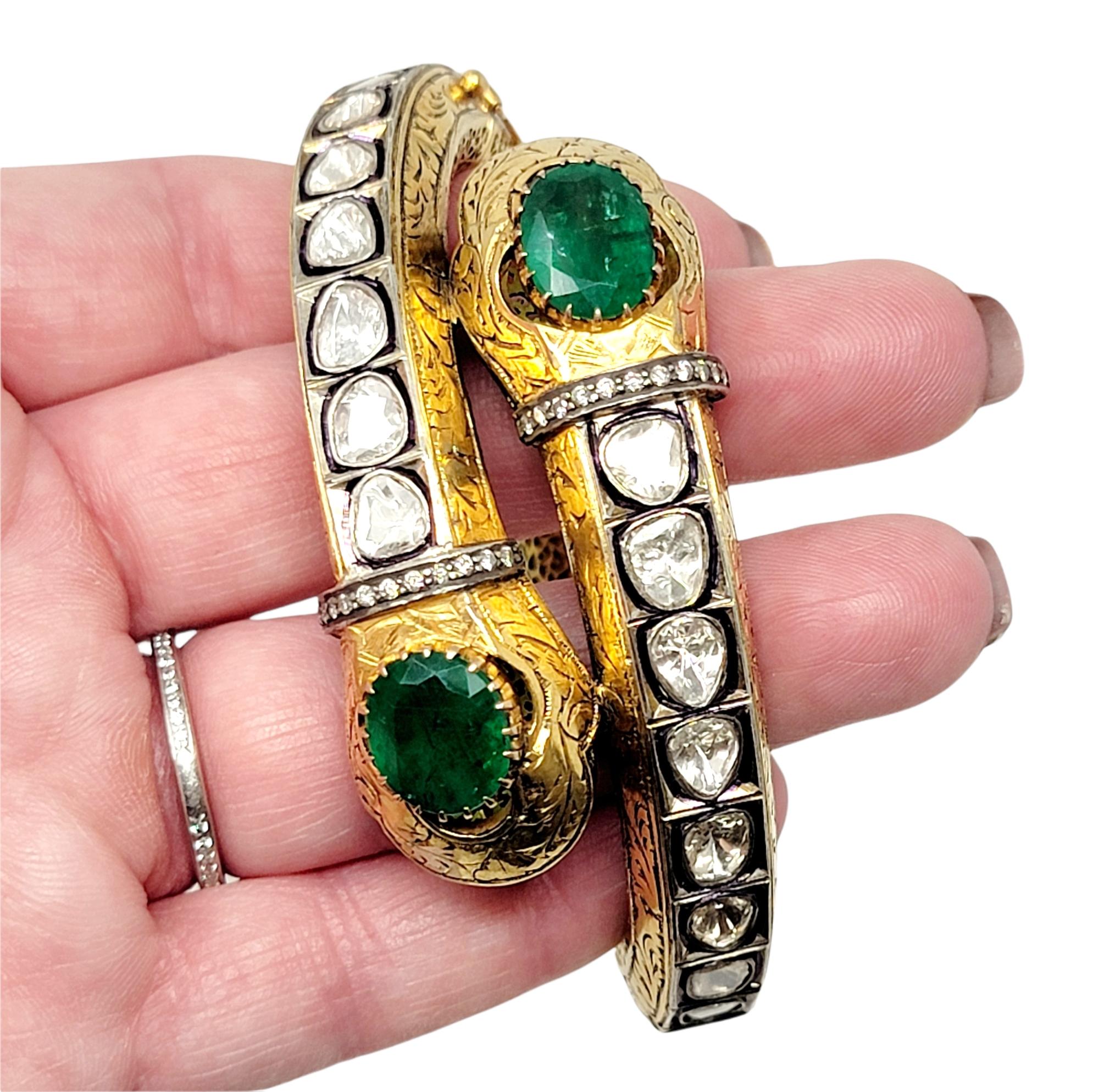 Ornate Polki Diamond Emerald Snake Motif Bypass Bangle Bracelet 14 Karat Gold 2
