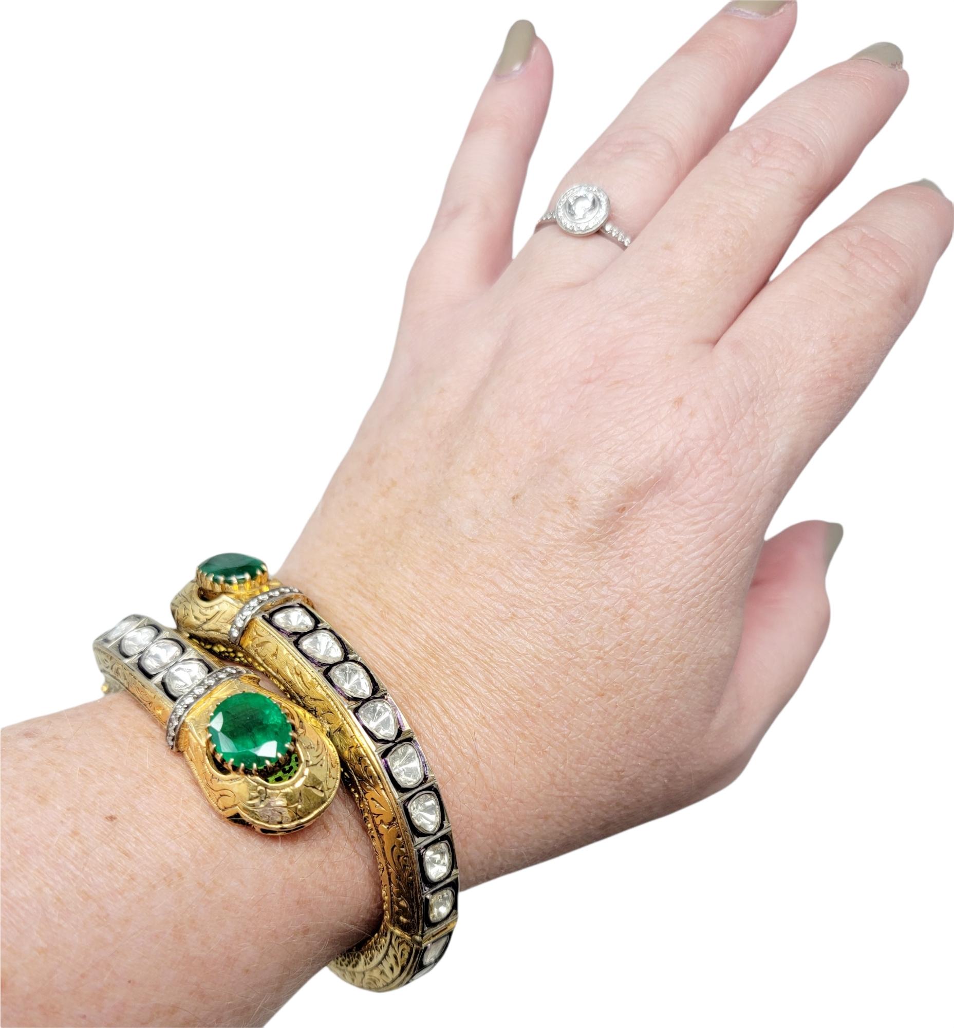 Ornate Polki Diamond Emerald Snake Motif Bypass Bangle Bracelet 14 Karat Gold 3