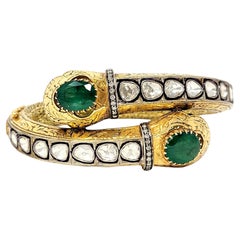 Ornate Polki Diamond Emerald Snake Motif Bypass Bangle Bracelet 14 Karat Gold