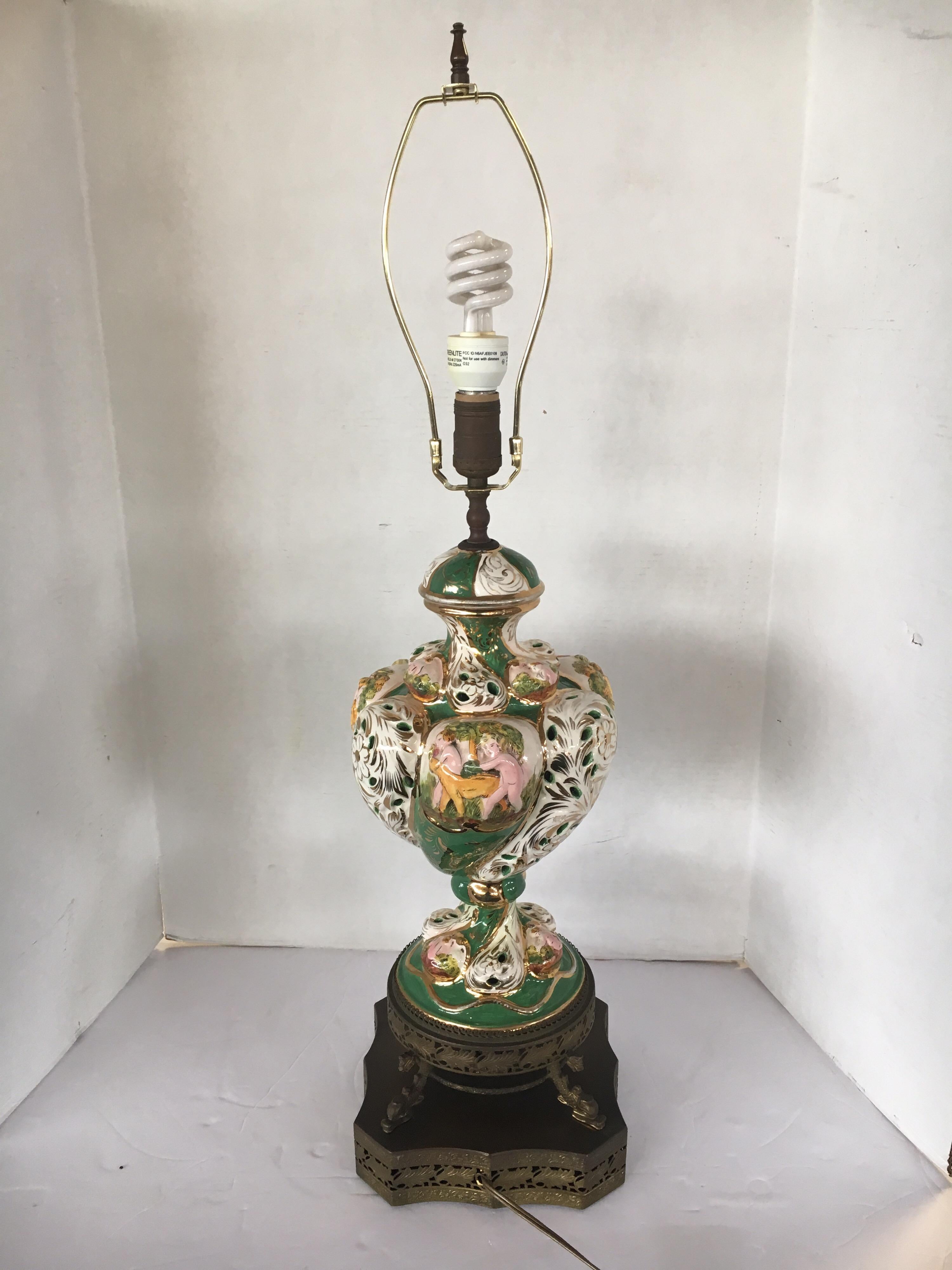 Vibrant ornate table lamp with vivid colors including green. Wired for US and in perfect working order,
circa 1950s, Italy.