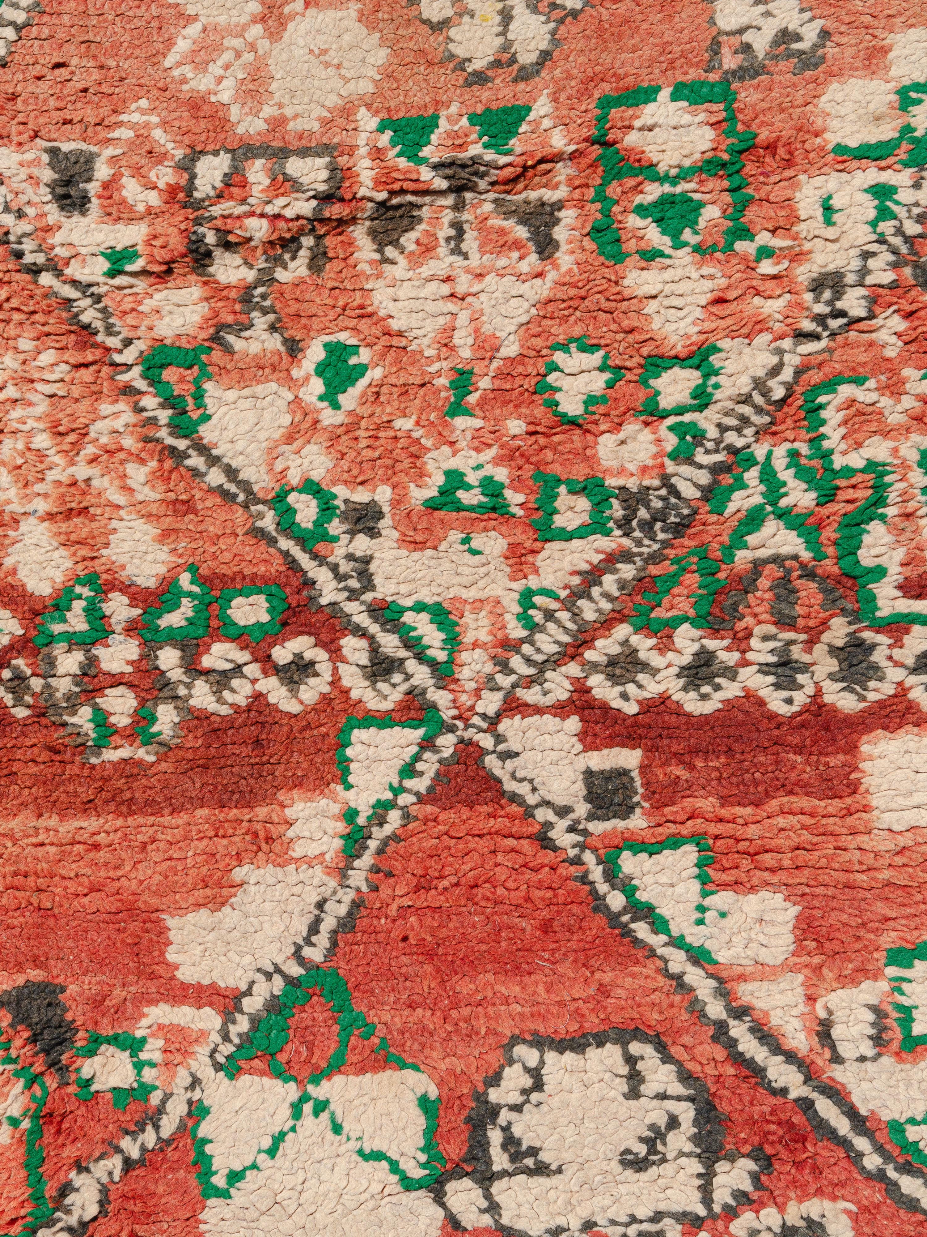 Esta alfombra marroquí vintage Aït Sgougou muestra una compleja instantánea de la vida rural en vivos colores. Formas arquitectónicas y efigies de animales se intercalan entre otros motivos y glifos bereberes abstraídos. Los rombos a gran escala