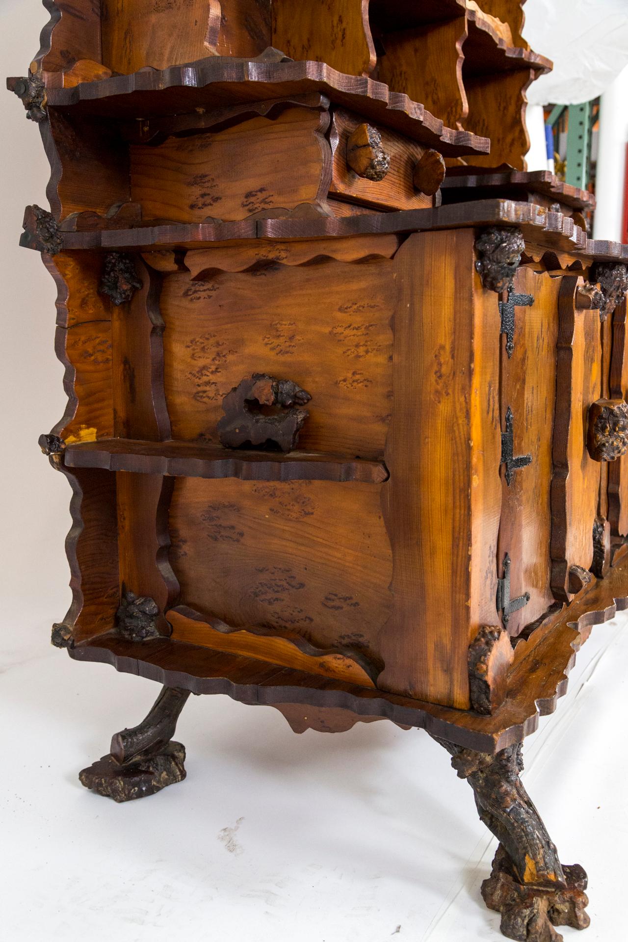 Ornate Redwood Hutch with Burl Accents In Good Condition In San Francisco, CA