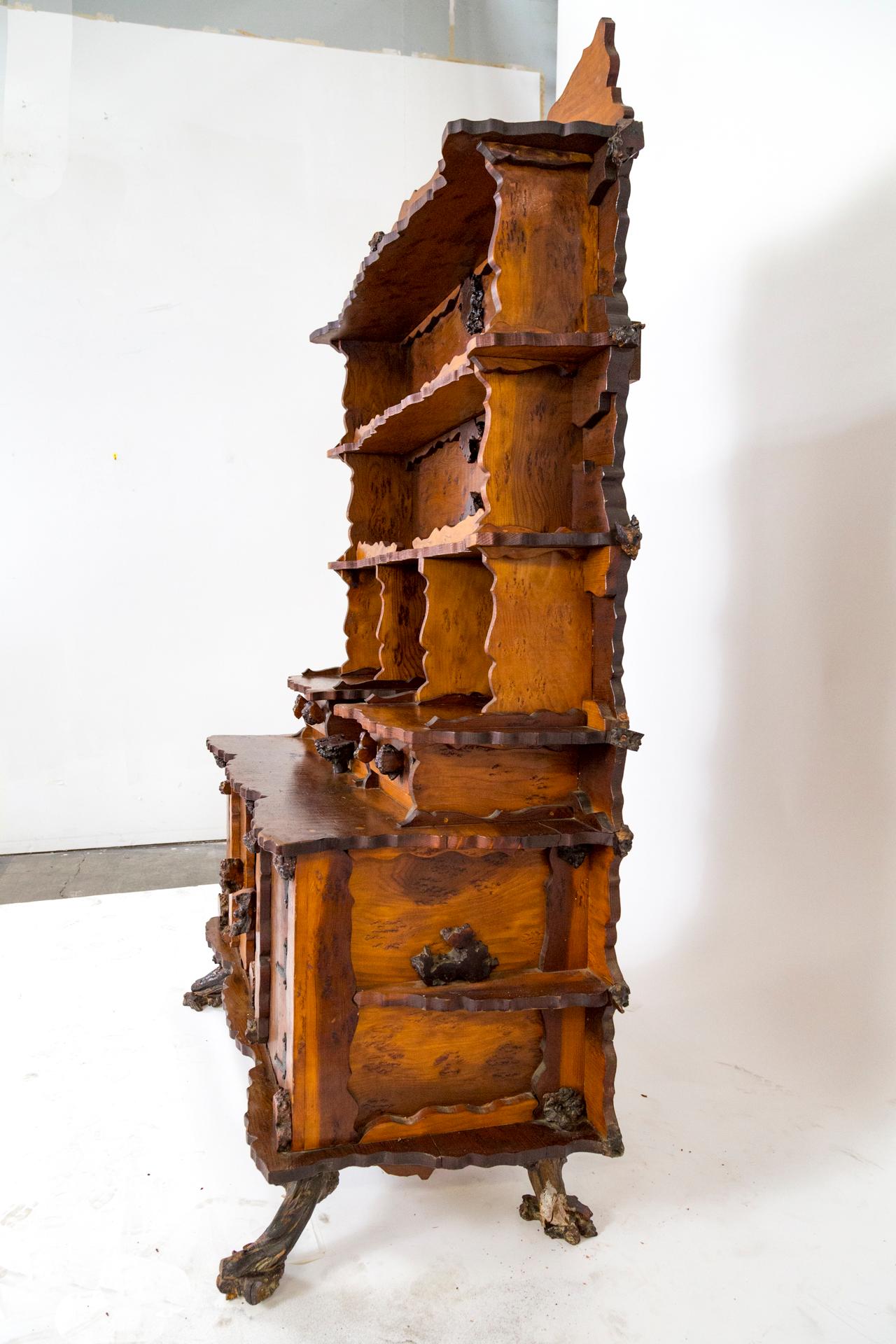 Mid-20th Century Ornate Redwood Hutch with Burl Accents