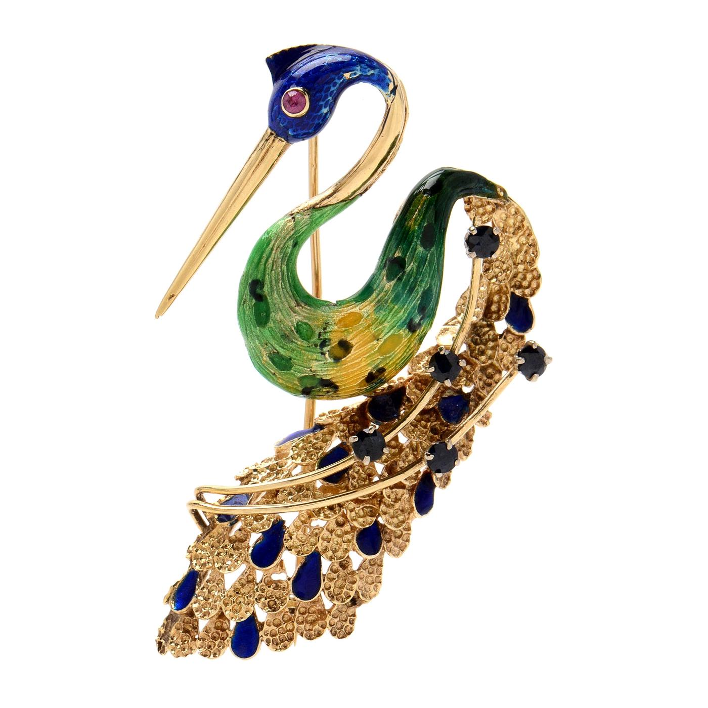 Ornate Retro Enamel Peacock Bird Brooch Ruby and Sapphire Accents, circa 1970s