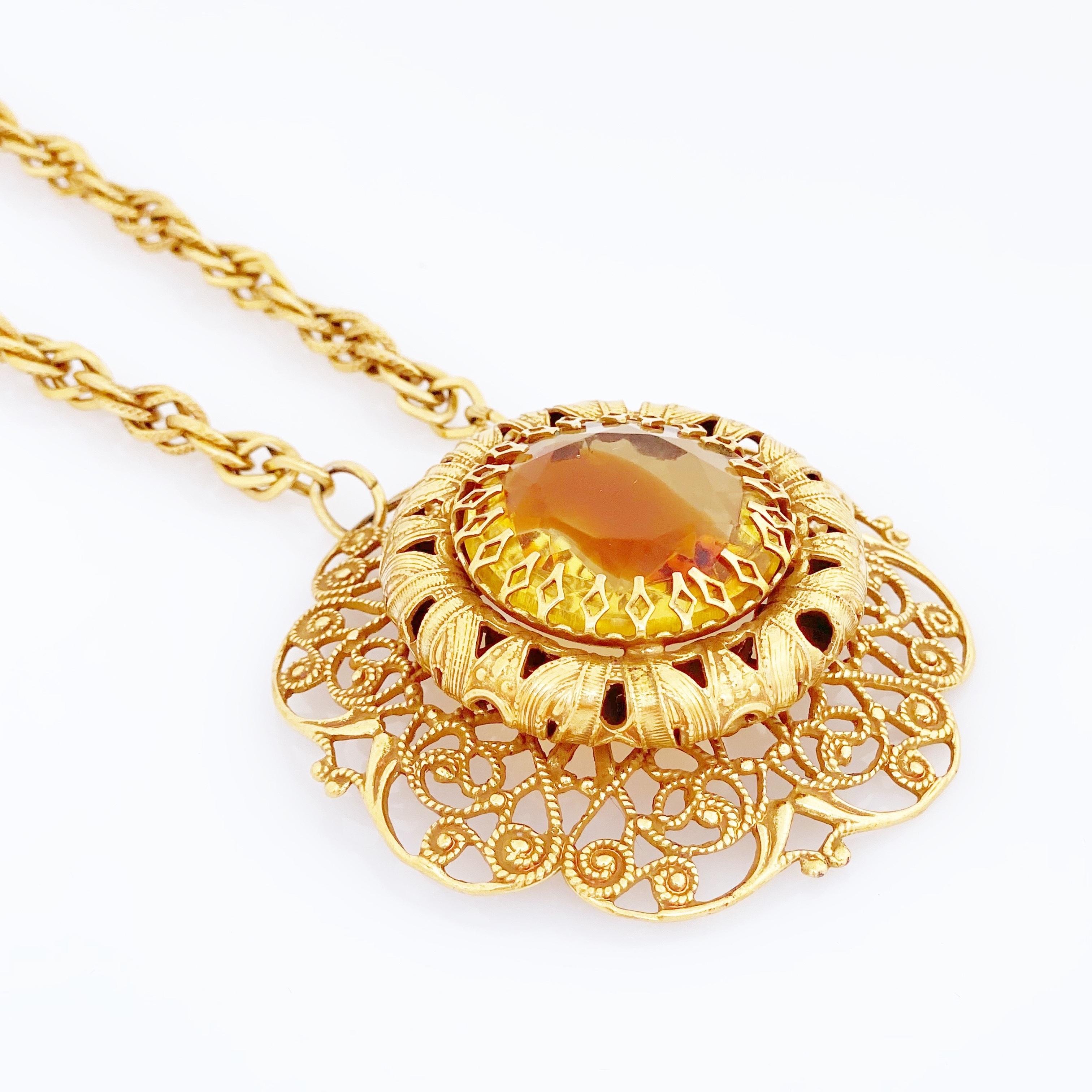 Ornate Rivoli Crystal Medallion Necklace, 1960s In Good Condition For Sale In McKinney, TX