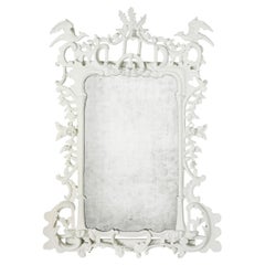Ornate Rococo Antiqued Mirror in White With Avian Crest