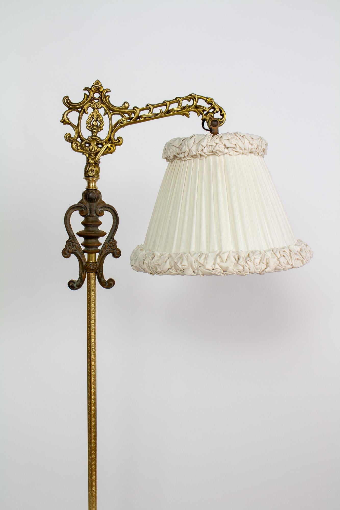 American Ornate Rococo Revival Bridge Lamp with Pleated and Ruched off White Silk Shade For Sale
