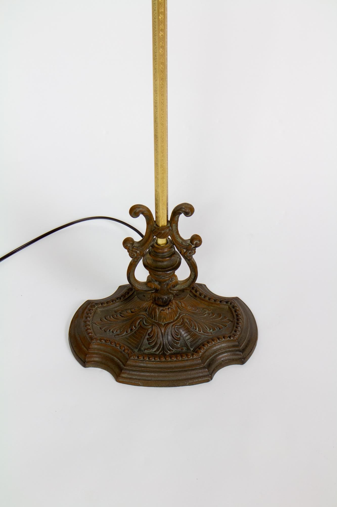 Ornate Rococo Revival Bridge Lamp with Pleated and Ruched off White Silk Shade In Excellent Condition For Sale In Canton, MA