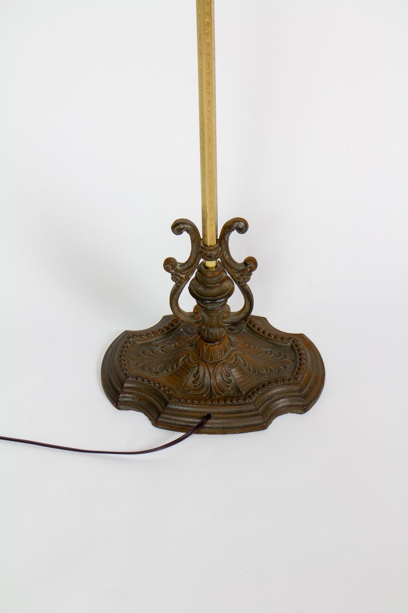 20th Century Ornate Rococo Revival Bridge Lamp with Pleated and Ruched off White Silk Shade For Sale