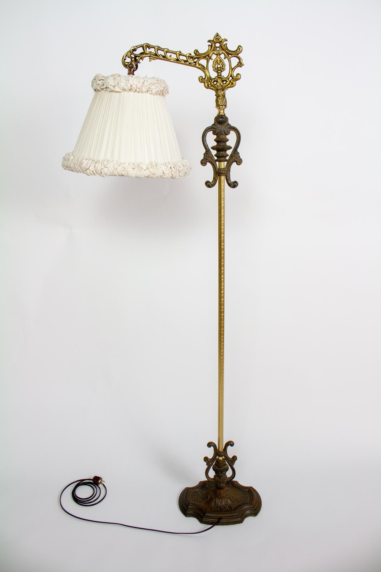 Brass Ornate Rococo Revival Bridge Lamp with Pleated and Ruched off White Silk Shade For Sale