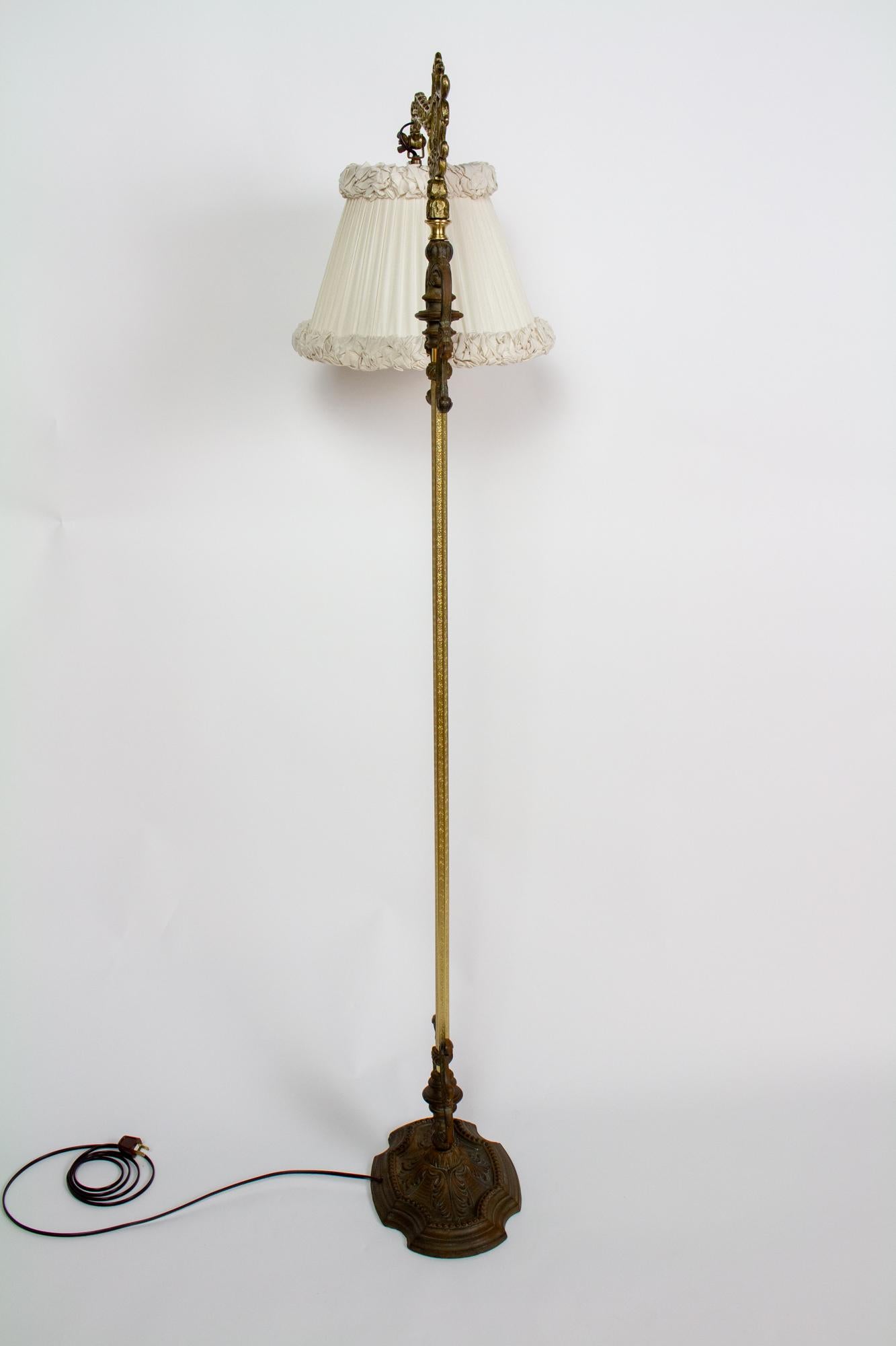 Ornate Rococo Revival Bridge Lamp with Pleated and Ruched off White Silk Shade For Sale 2