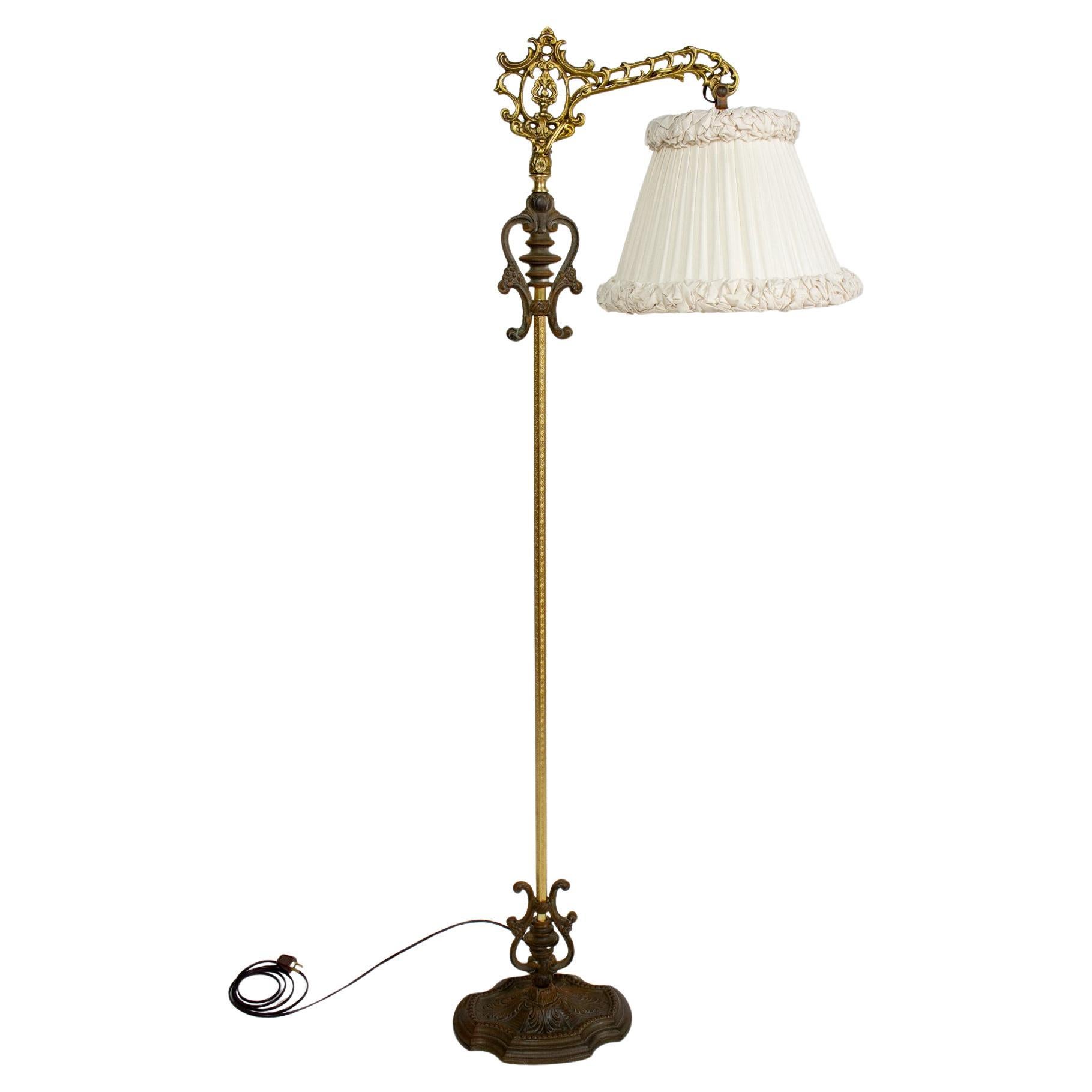Ornate Rococo Revival Bridge Lamp with Pleated and Ruched off White Silk Shade For Sale