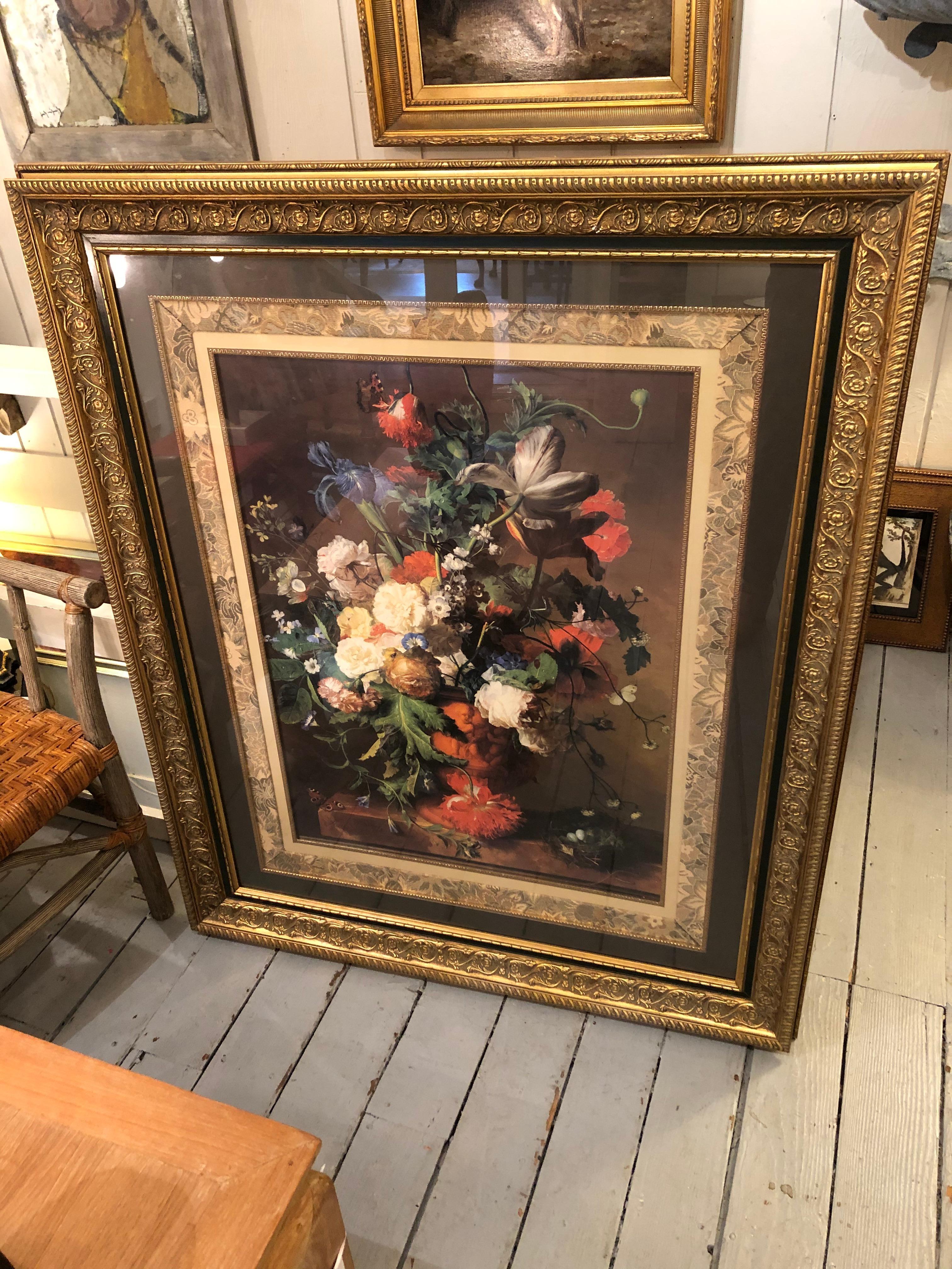 Late 20th Century Ornate Romantic Floral Still Life Print in Impressive Frame For Sale