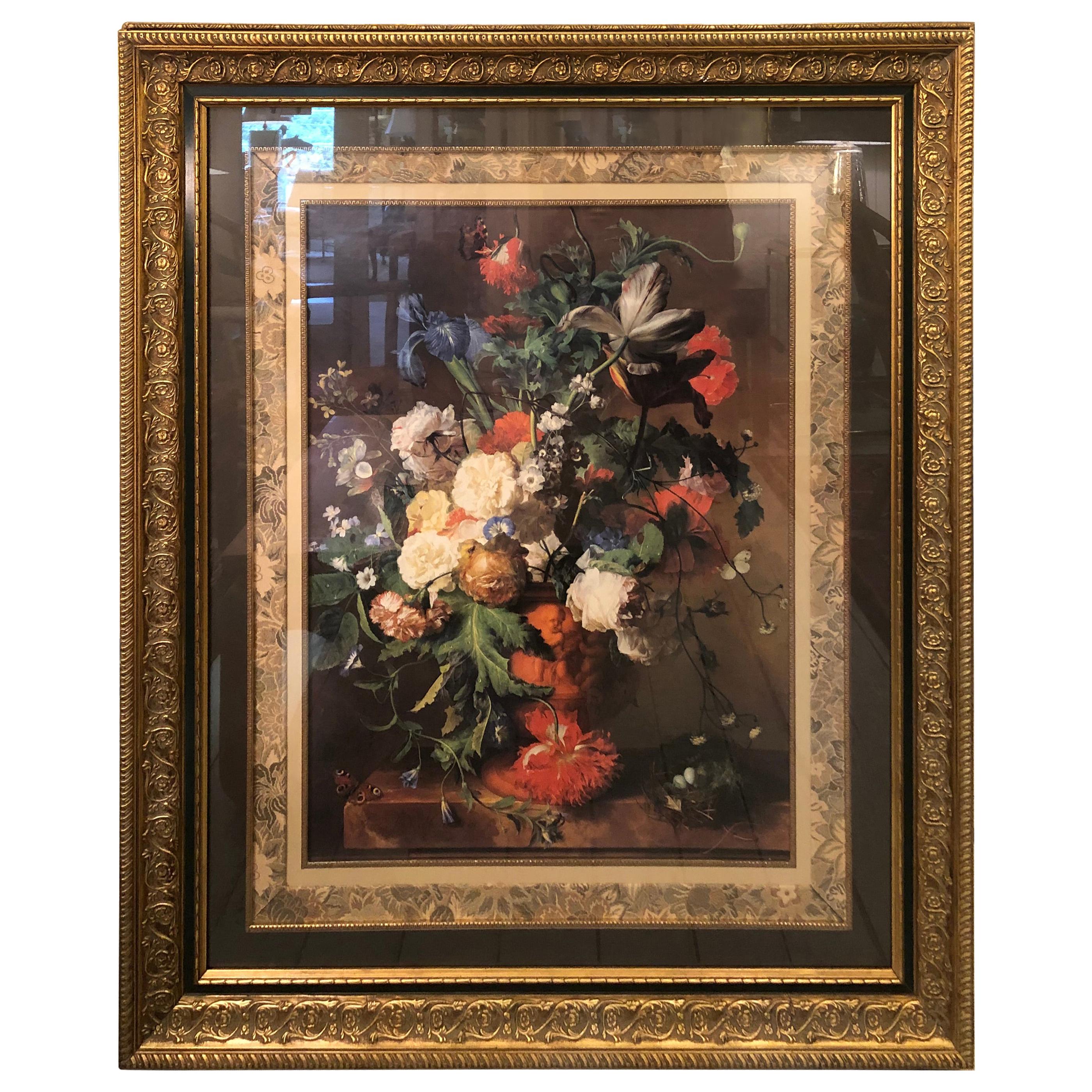 Ornate Romantic Floral Still Life Print in Impressive Frame For Sale