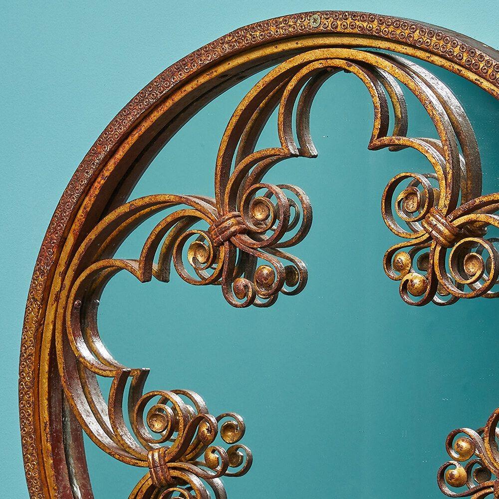 English Ornate Round Antique Wrought Iron Mirror For Sale
