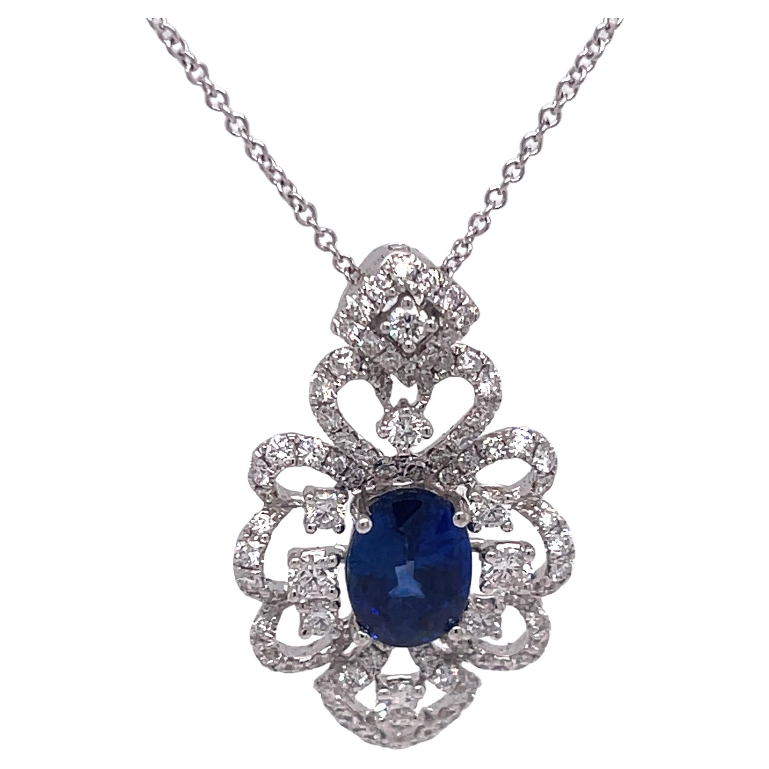 Ornate Sapphire and Diamond Pendant Necklace For Sale