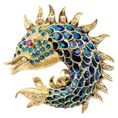 Ornate Scaled 14 Karat Yellow Gold Fish Brooch with Diamonds, Ruby and Enamel