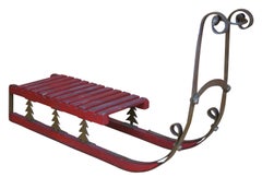 Ornate Scrolled Iron Slatted Wood Toy Childs Christmas Sleigh Sled Toboggan