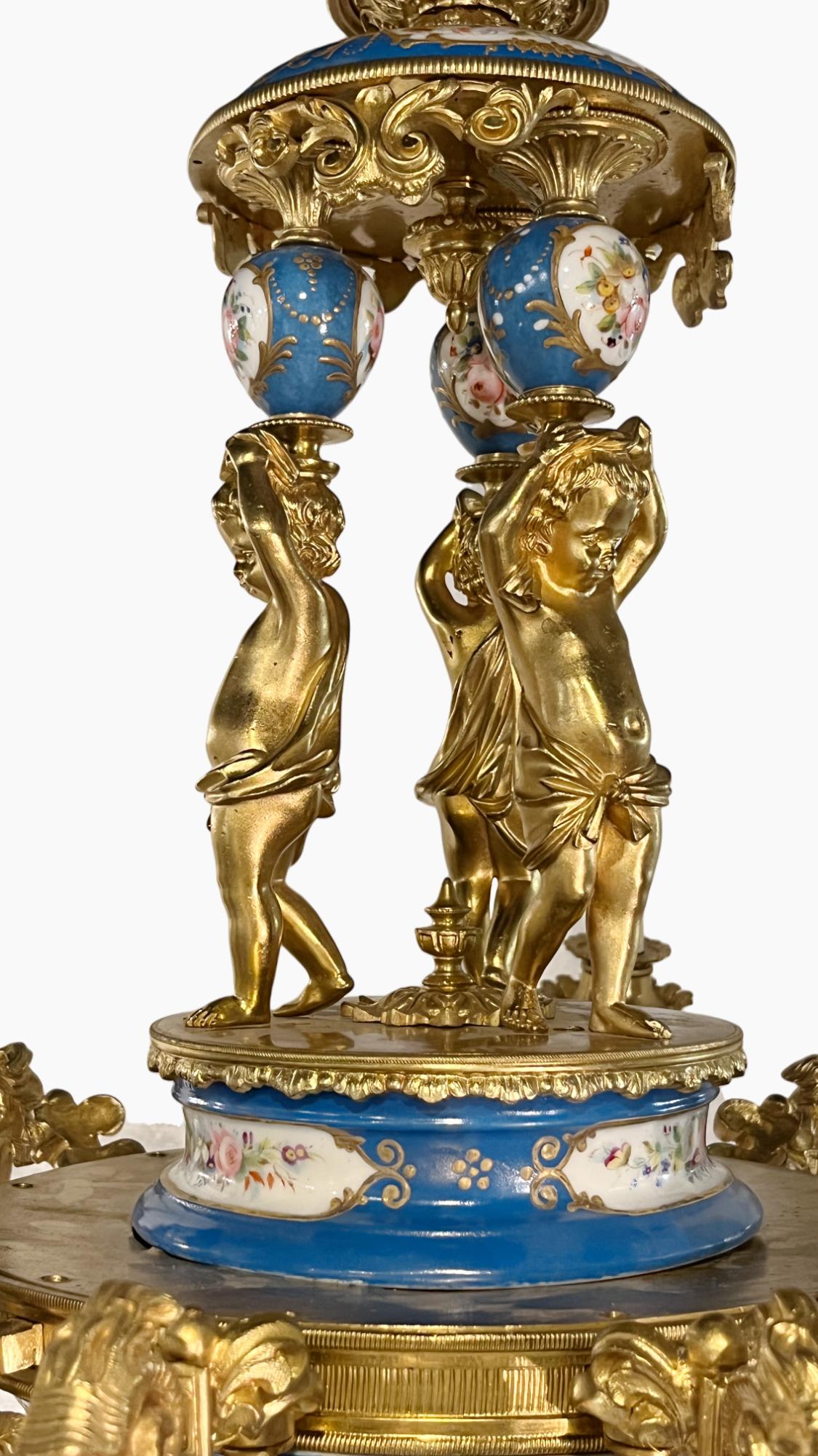Fired Ornate Sevres style Porcelain and Ormolu Putti Chandelier For Sale